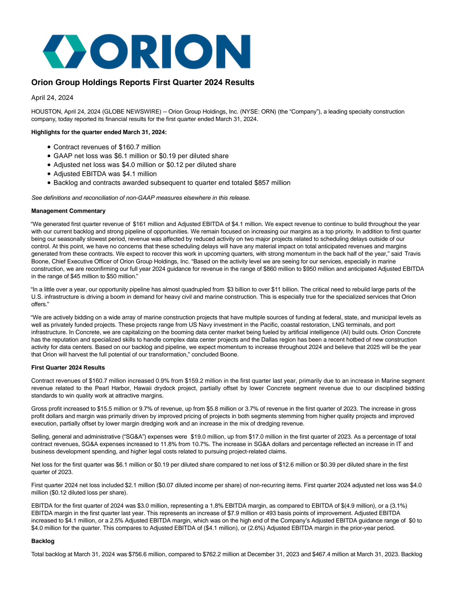 Orion Group's Q1 2024 Press Release