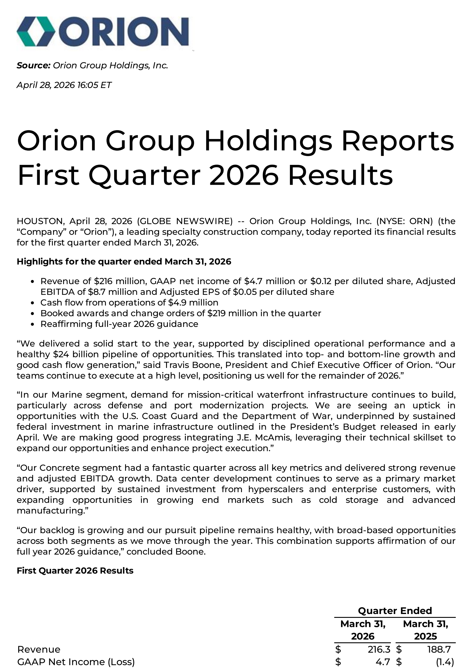 Orion Group's Q1 2026 Press Release