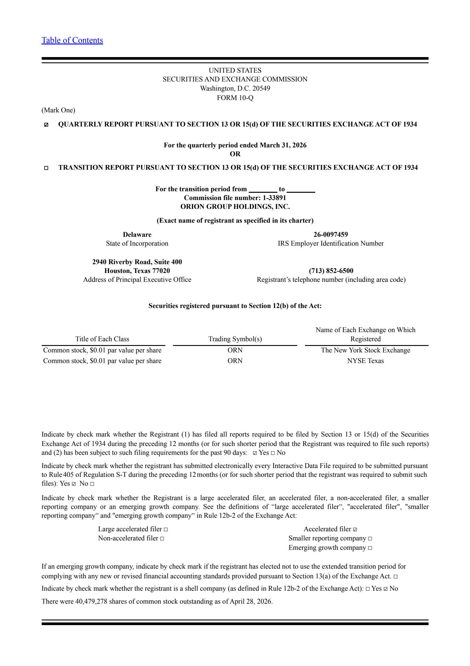 Orion Group's Q1 2026 Quarterly report