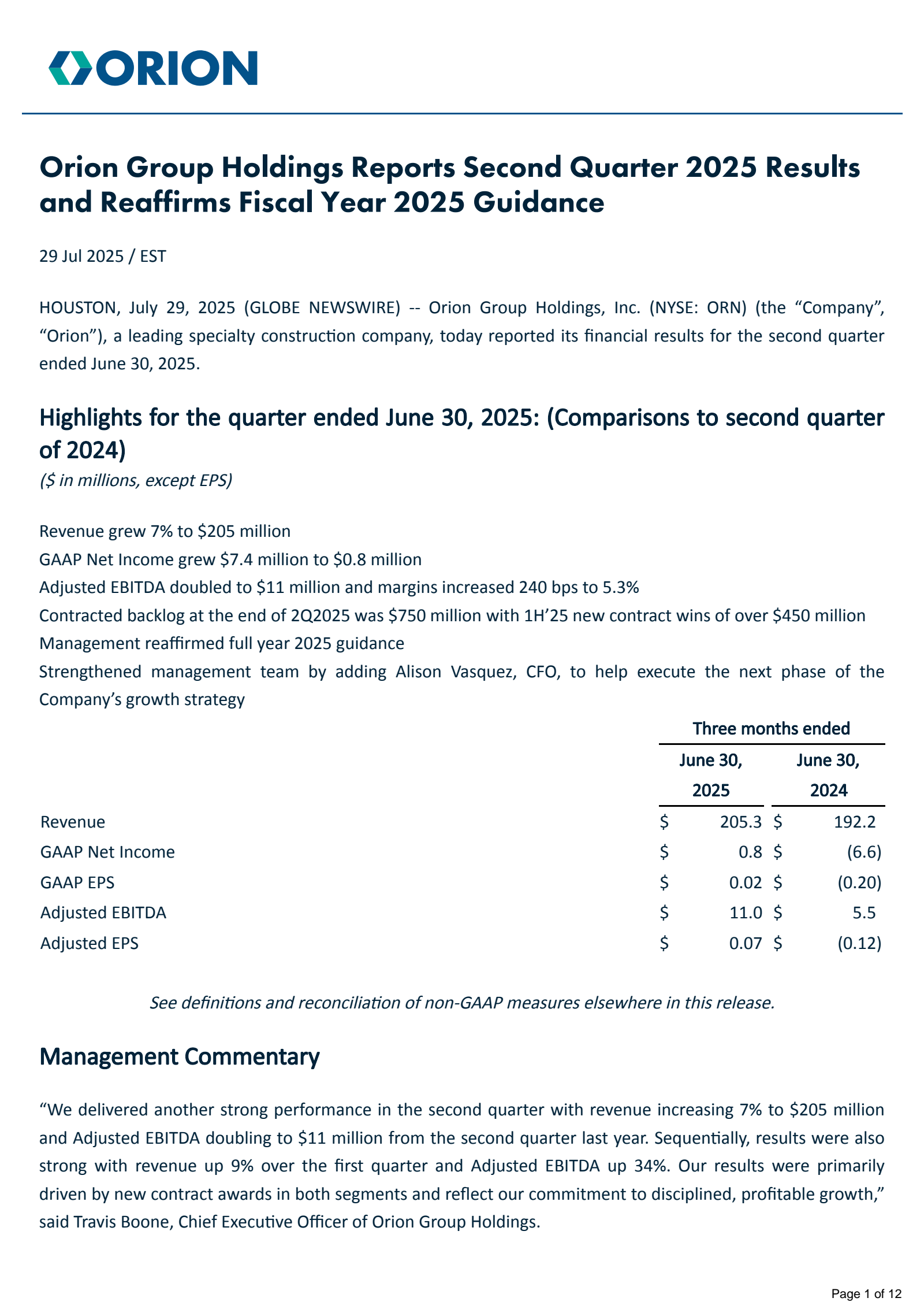 ORN Q2 2025 Earnings Report on 7/29/2025