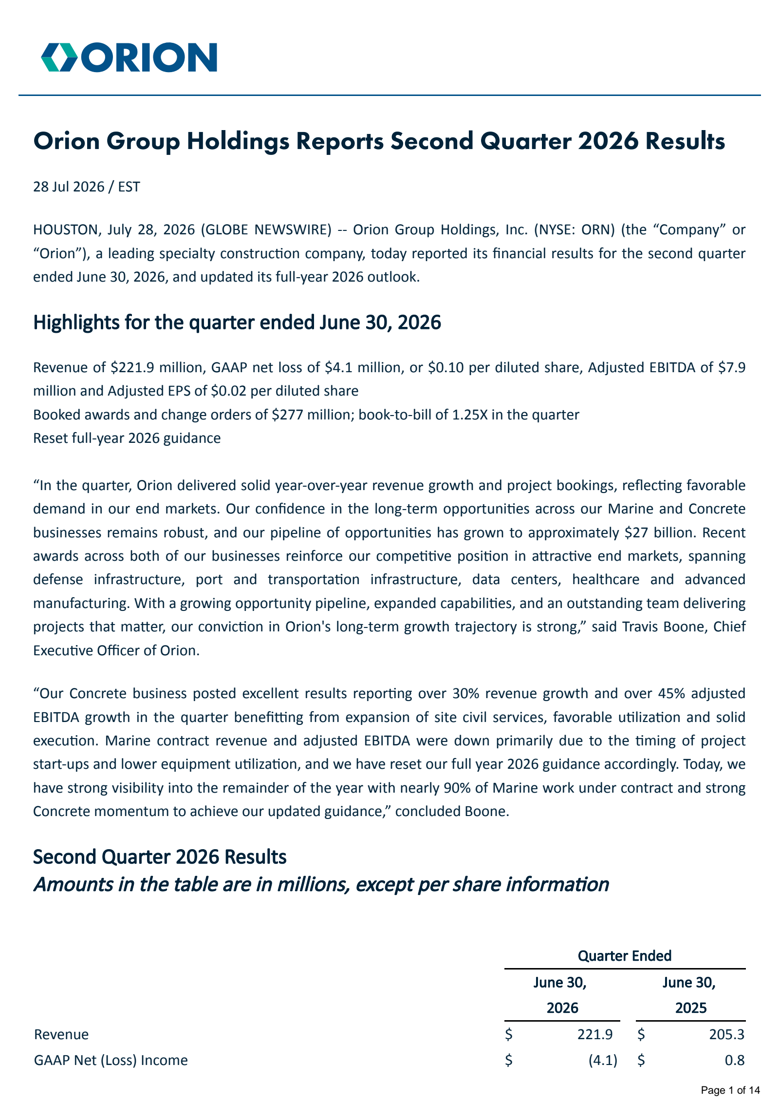Orion Group's Q2 2026 Press Release