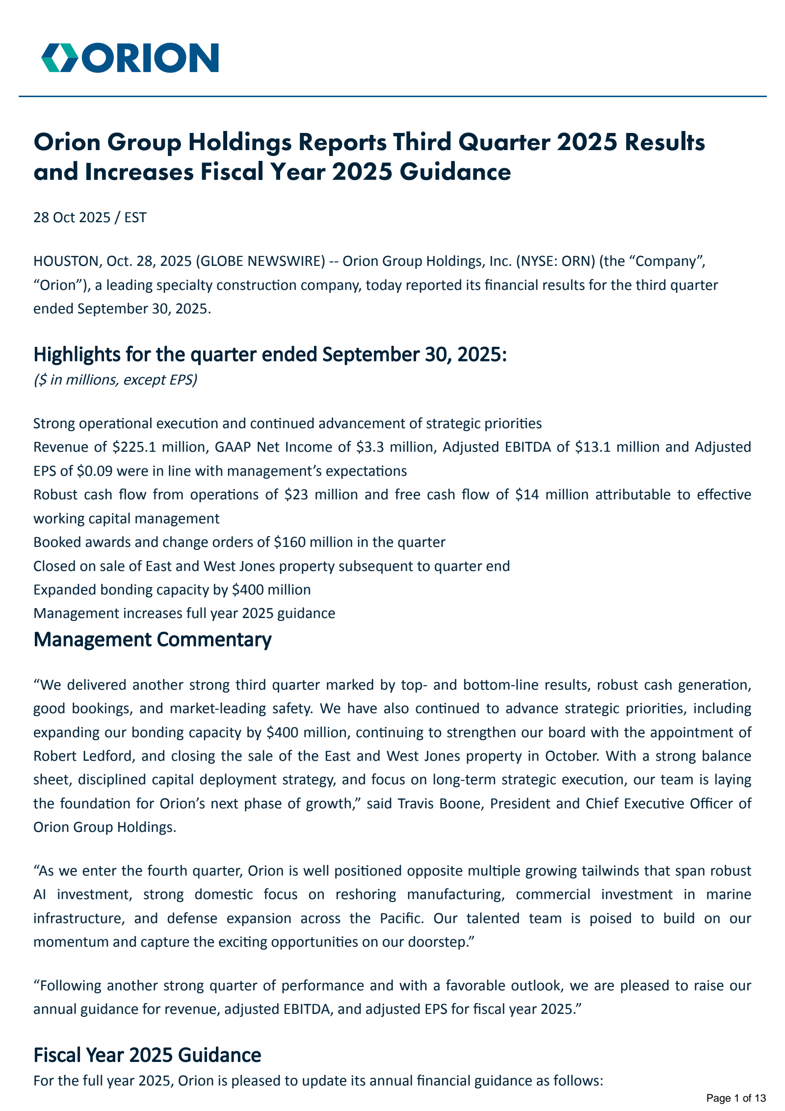 Orion Group's Q3 2025 Earnings Release