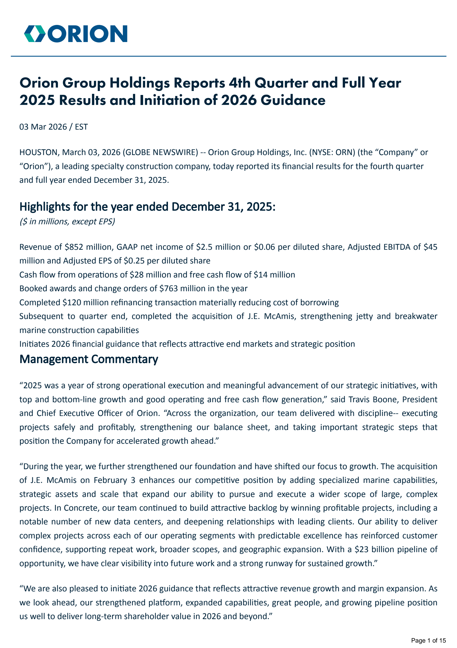 Orion Group's Q4 2025 Press Release