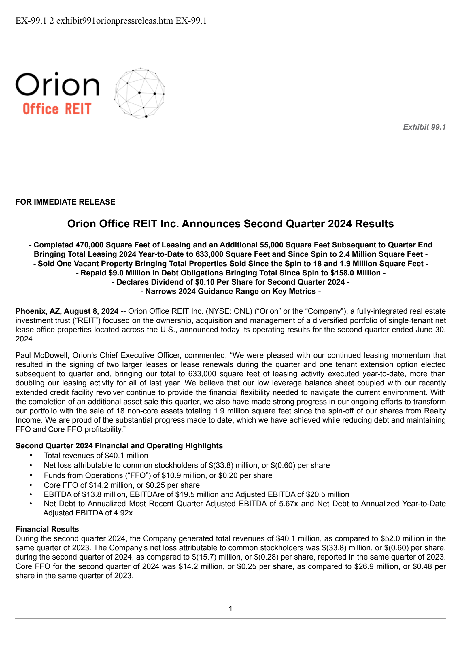 Orion Office REIT's Q2 2024 Press Release