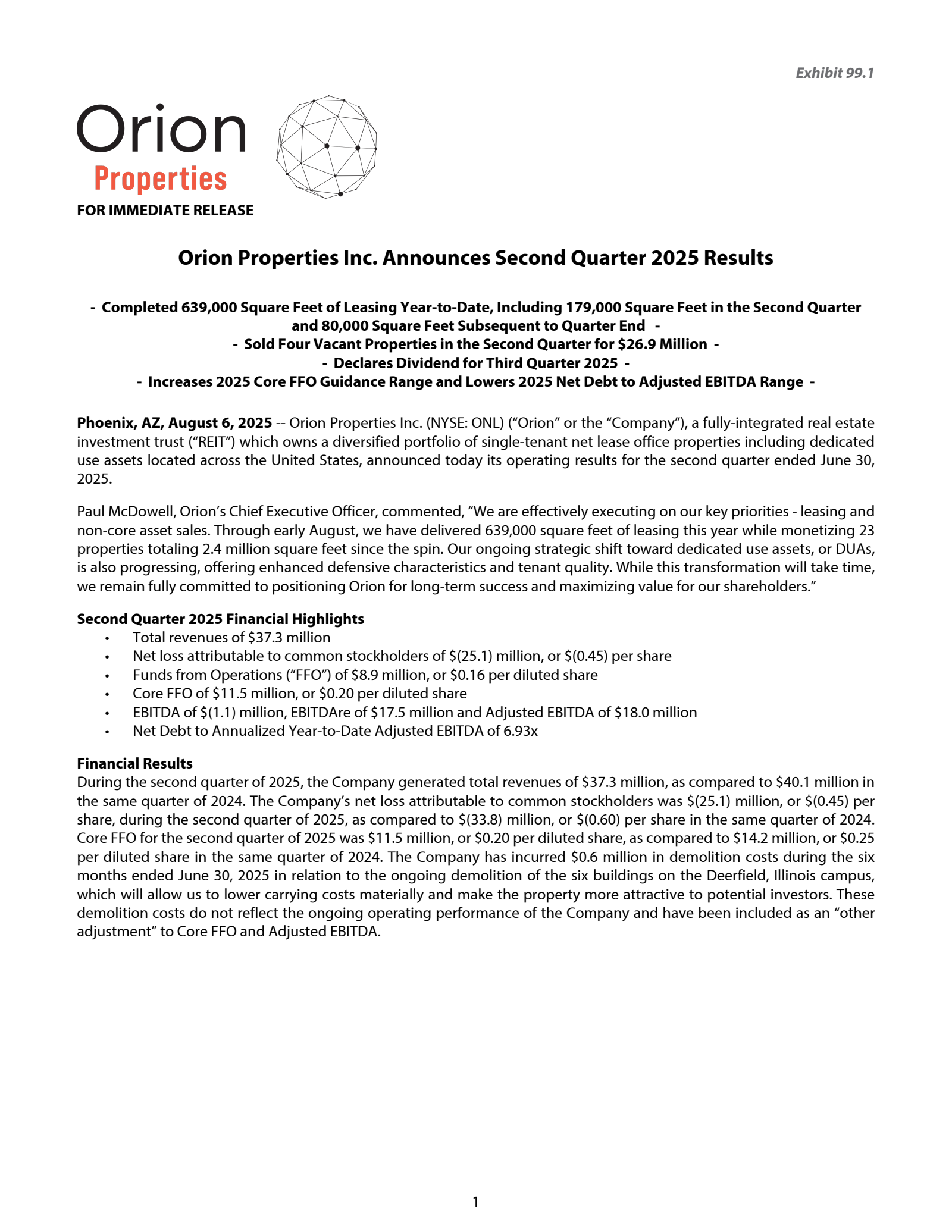 Orion Office REIT's Q2 2025 Press Release