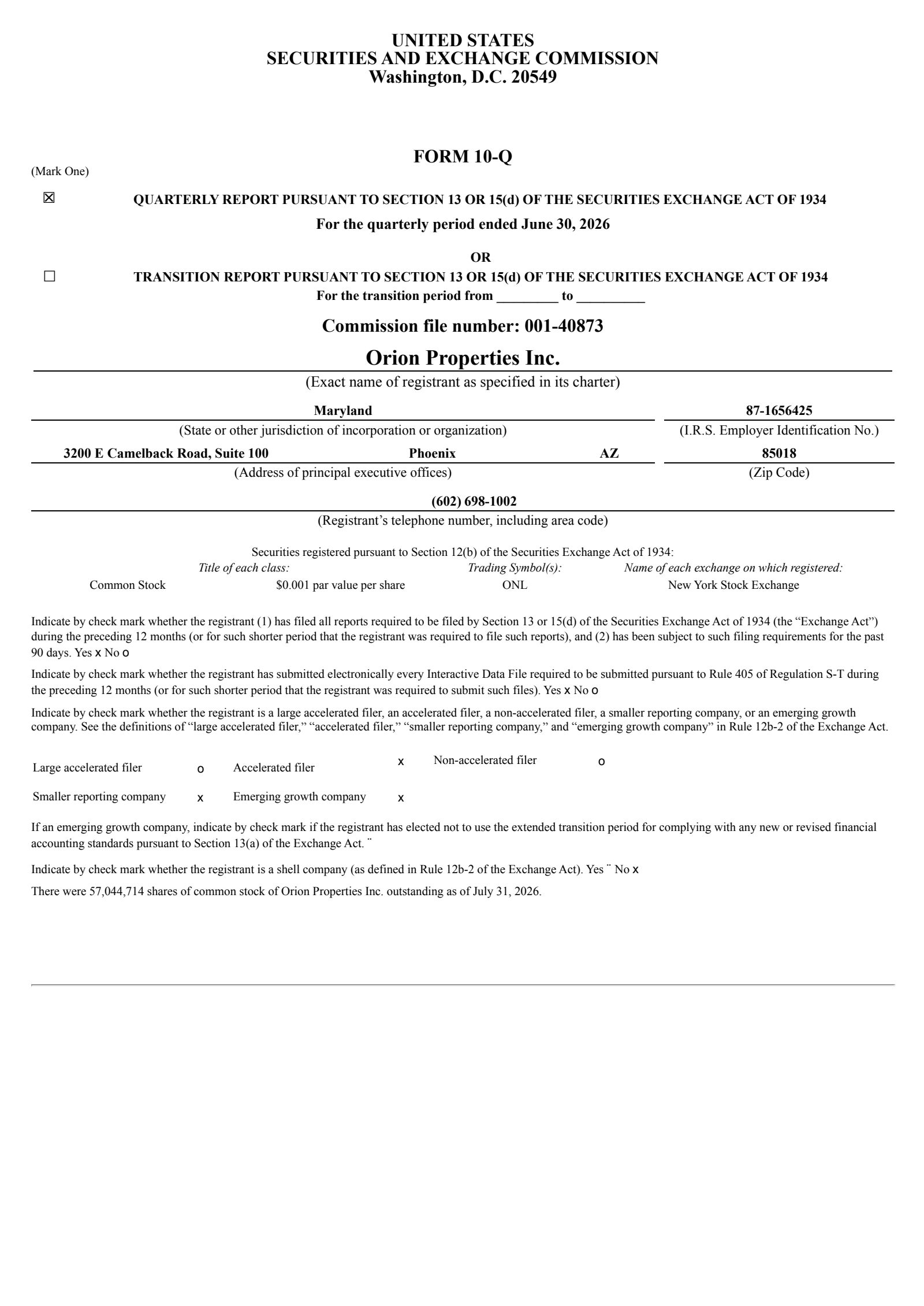 Orion Office REIT's Q2 2026 Quarterly report