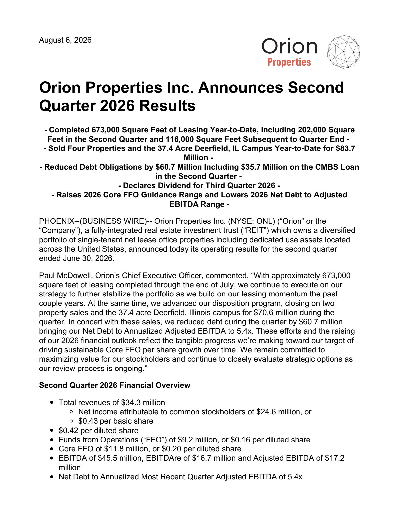 Orion Office REIT's Q2 2026 Press Release