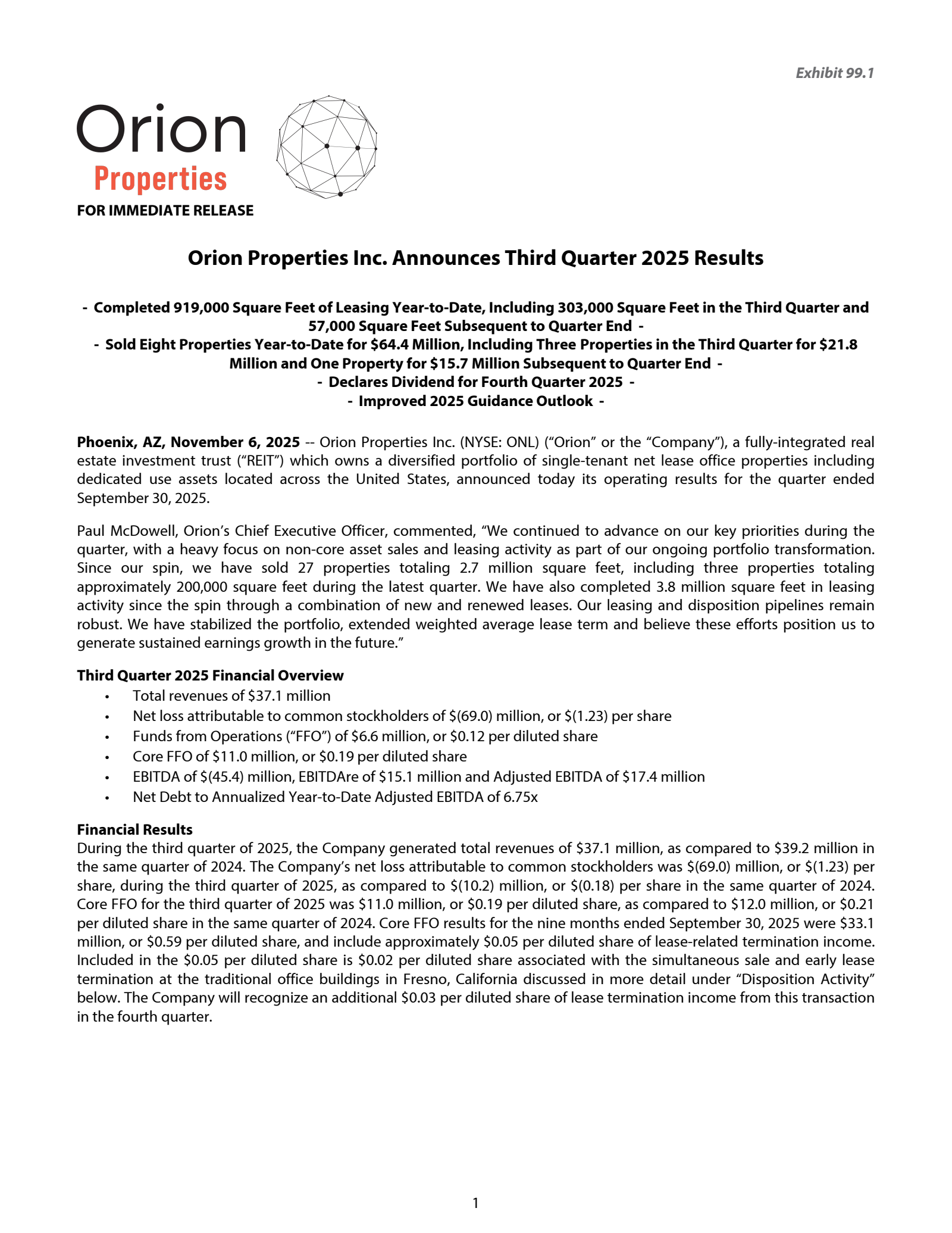 Orion Office REIT's Q3 2025 Earnings Release
