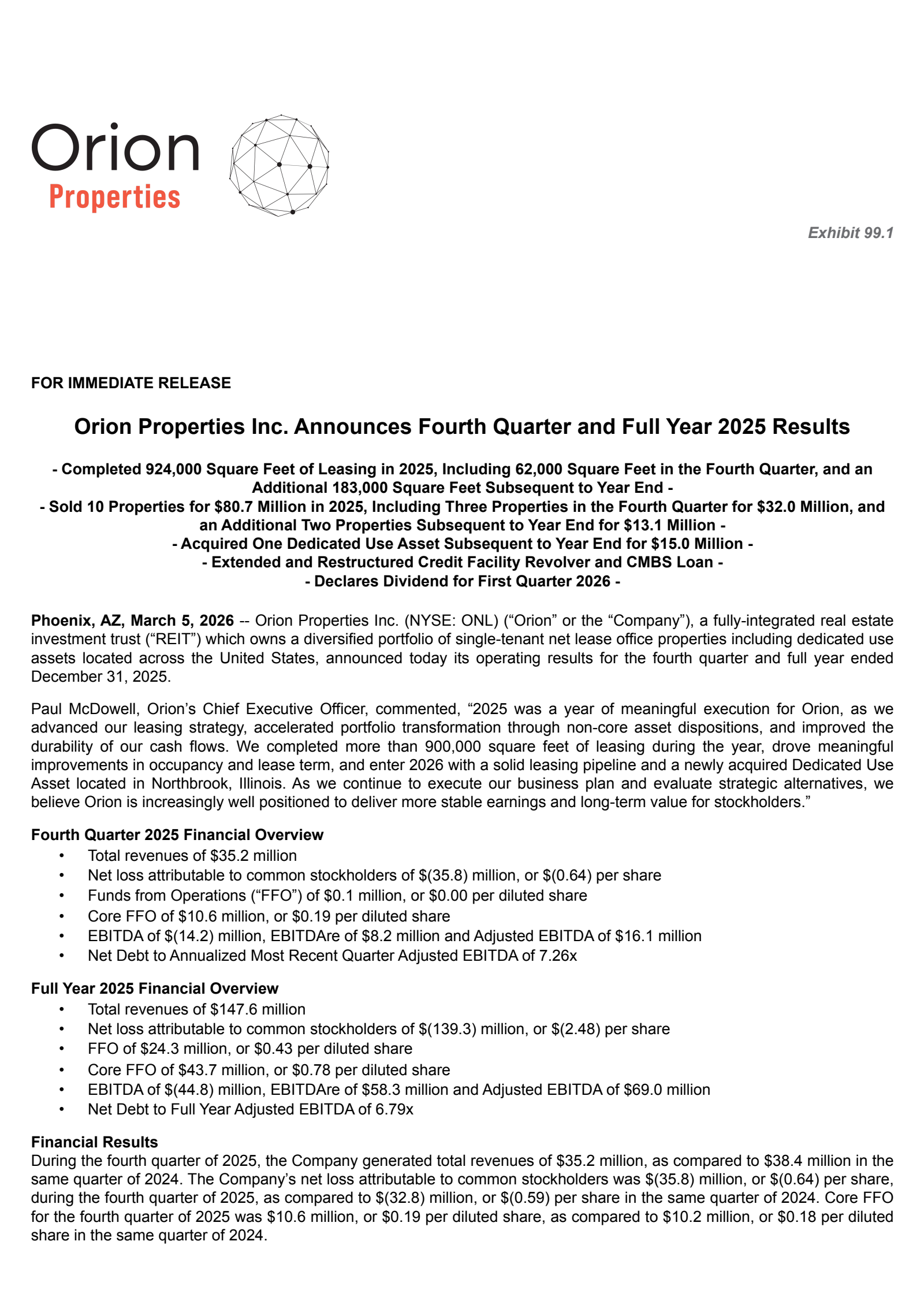 Orion Office REIT's Q4 2025 Press Release