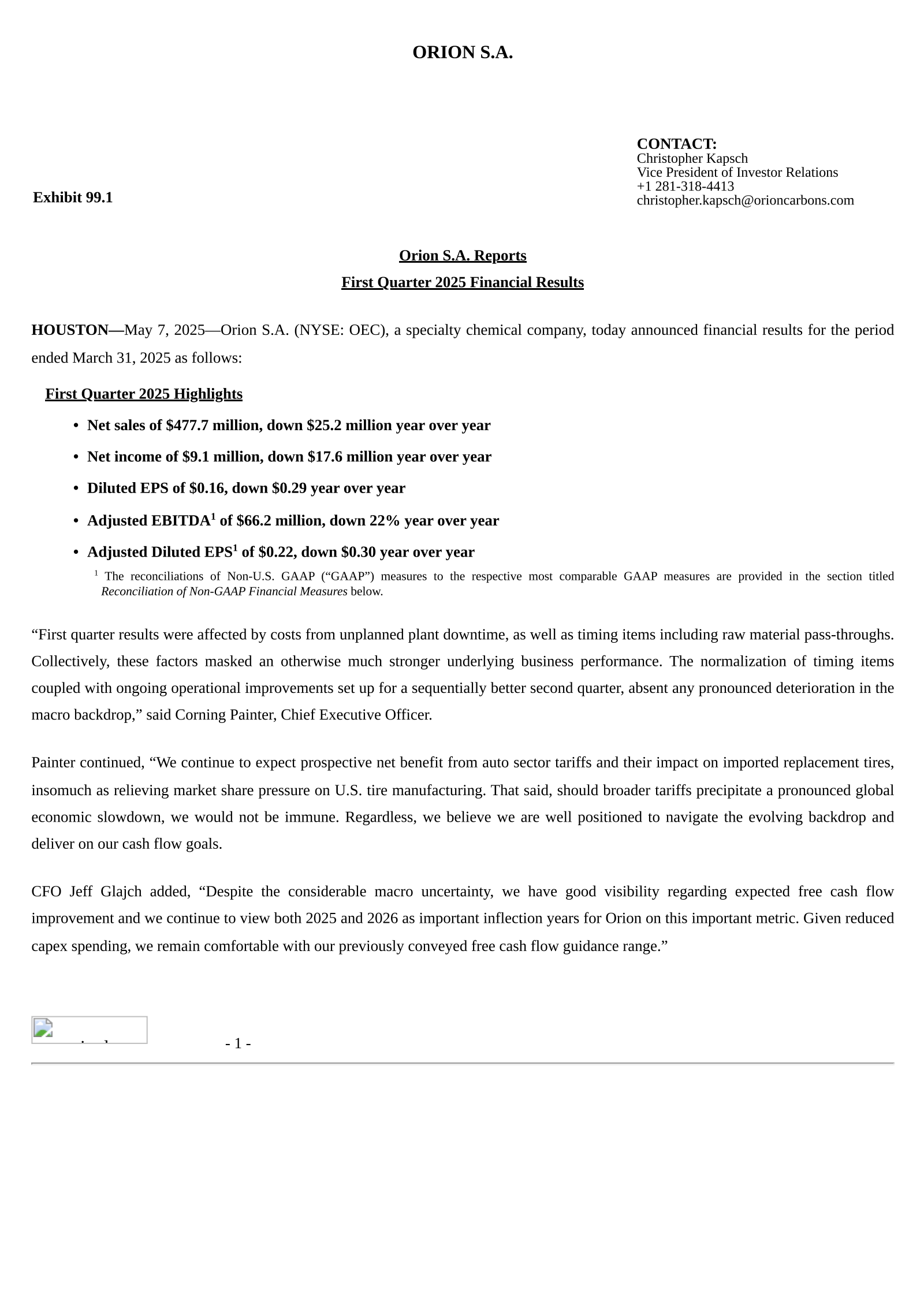 Orion's Q1 2025 Press Release