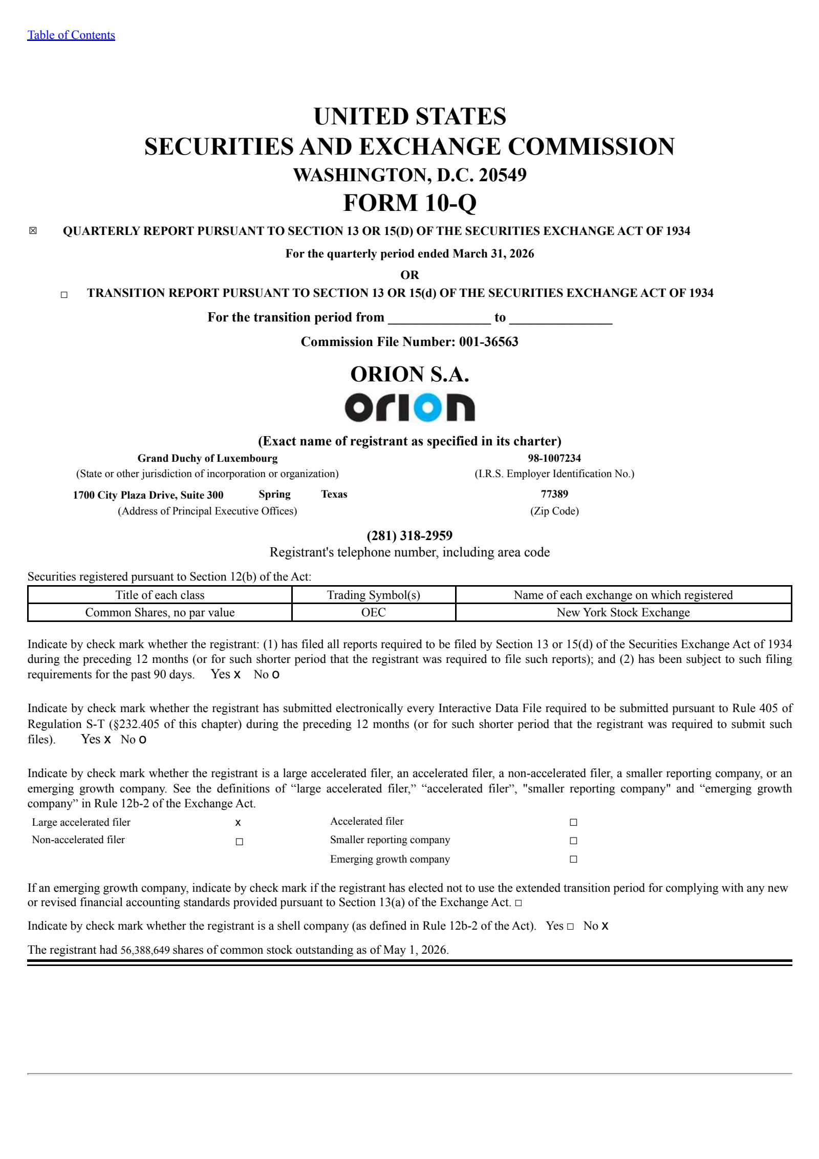 Orion's Q1 2026 Quarterly report