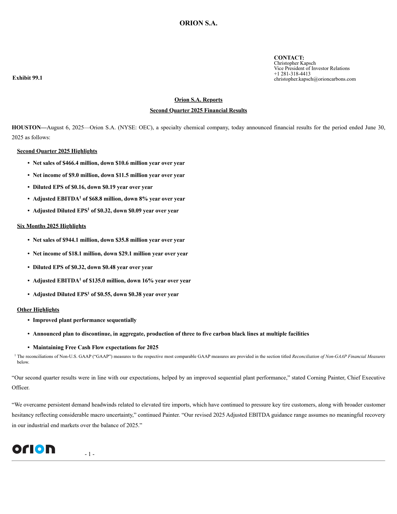 Orion's Q2 2025 Press Release