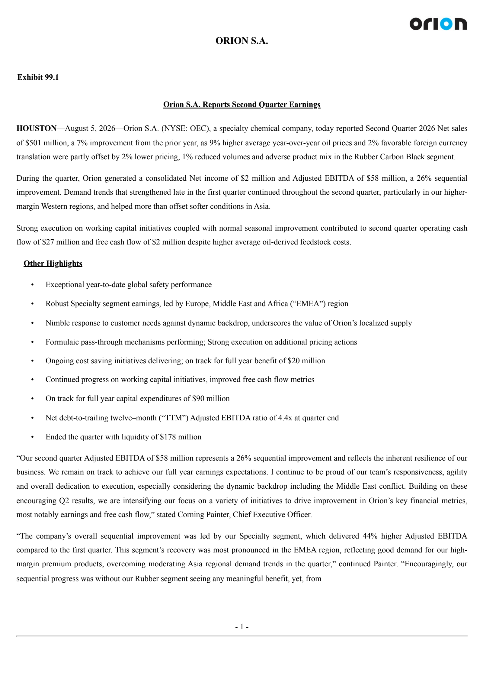 Orion's Q2 2026 Press Release