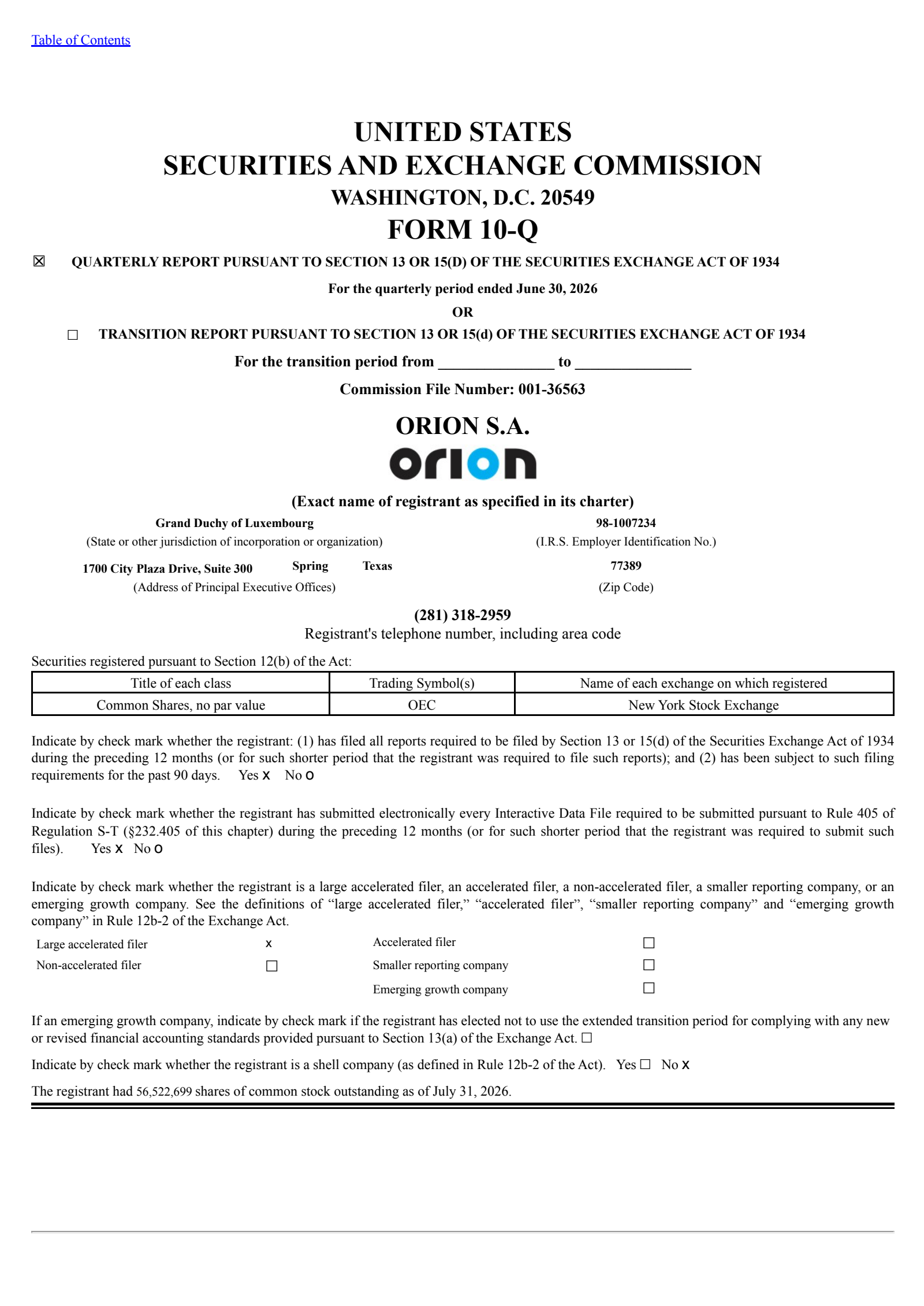 Orion's Q2 2026 Quarterly report