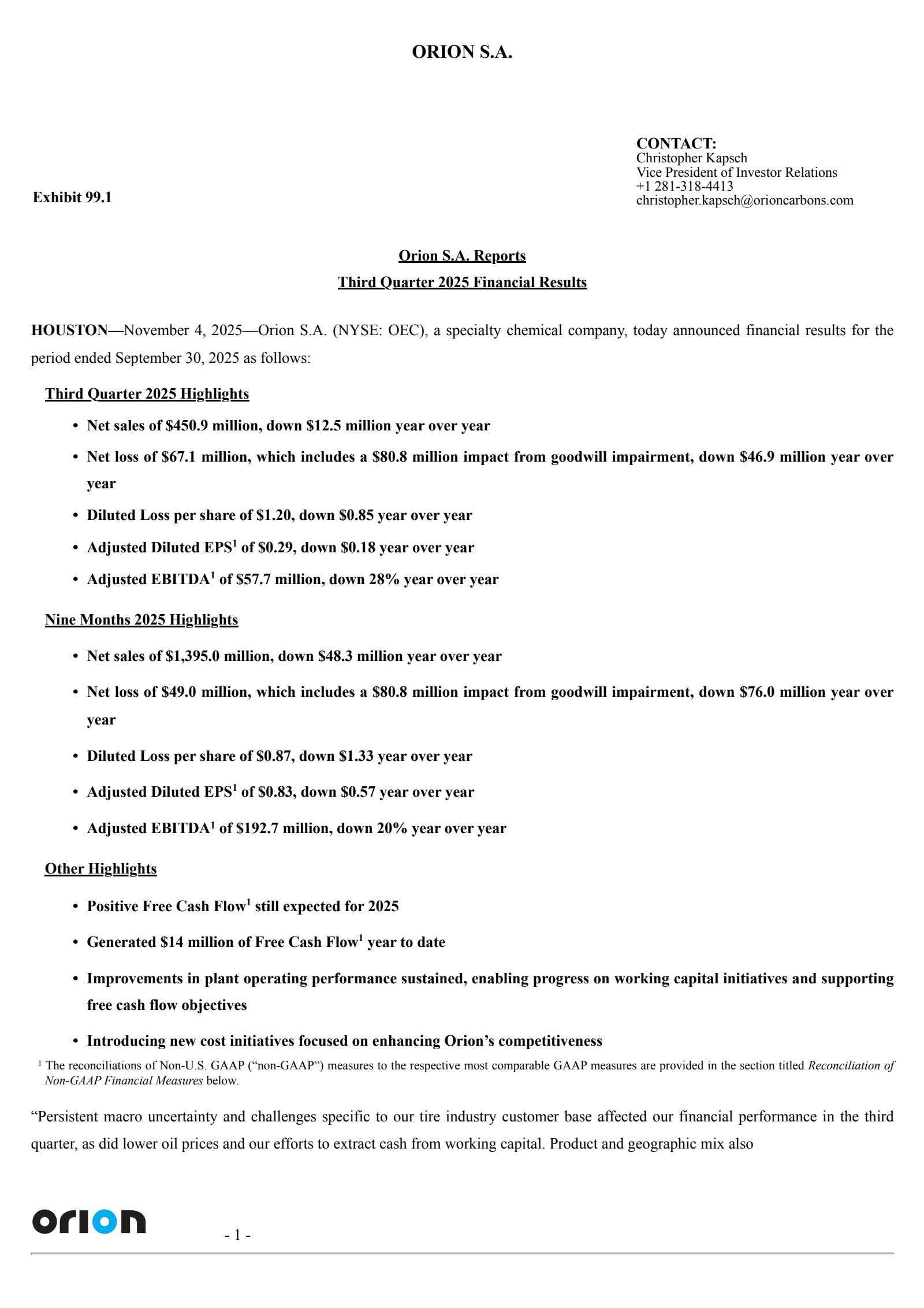 Orion's Q3 2025 Earnings Release