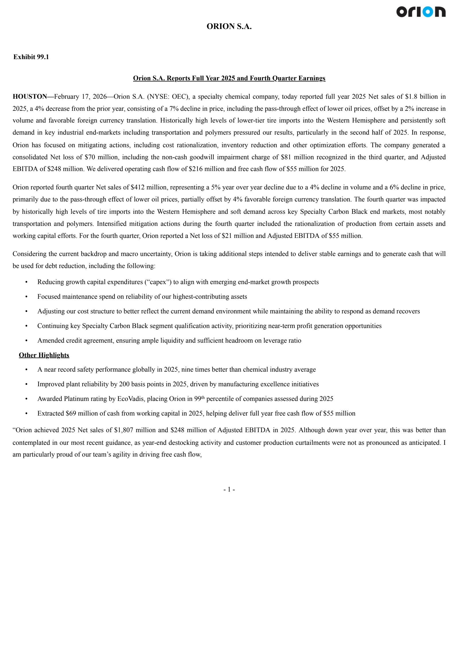 Orion's Q4 2025 Press Release