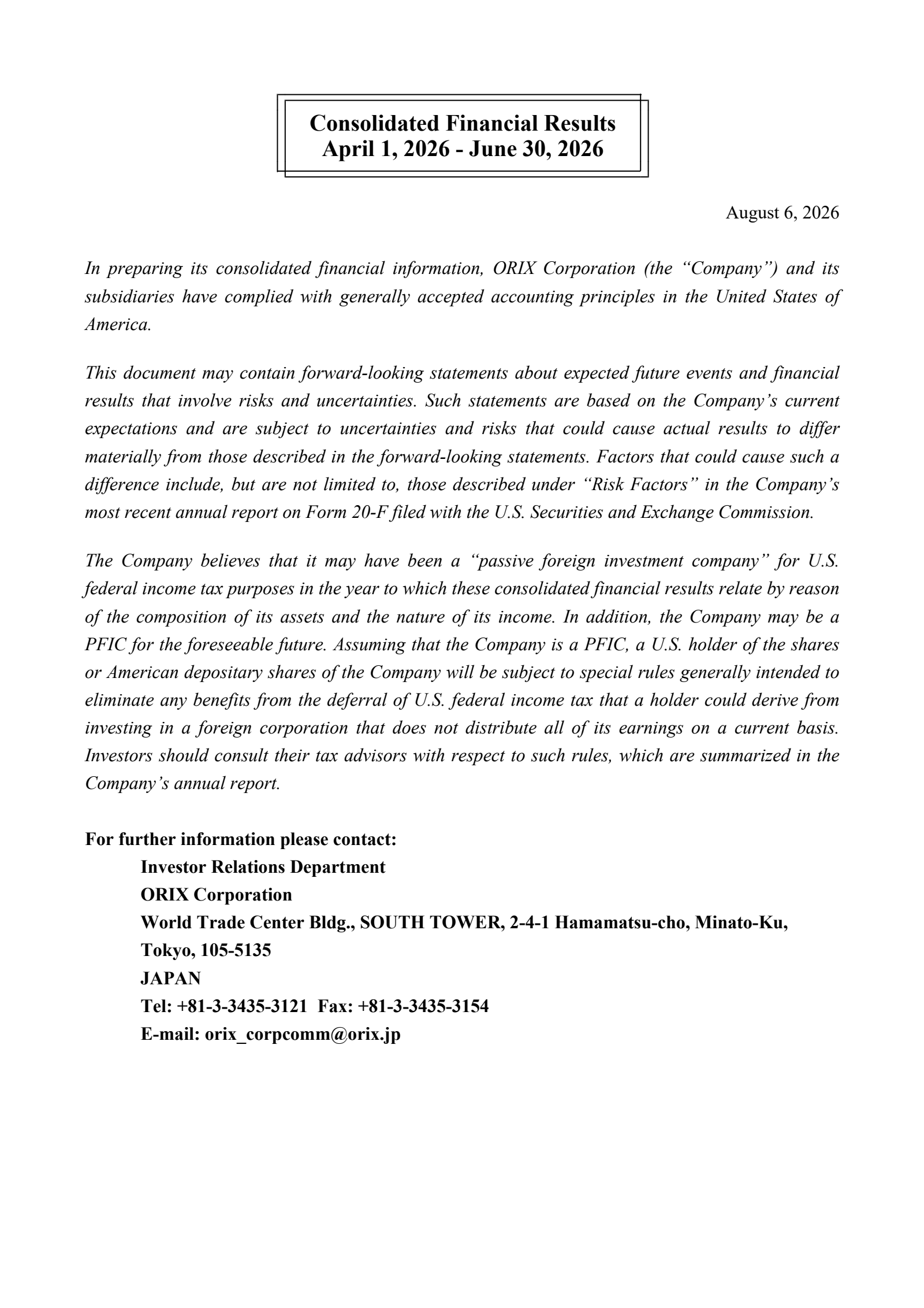 Orix Corp Ads' Q1 2027 Interim report