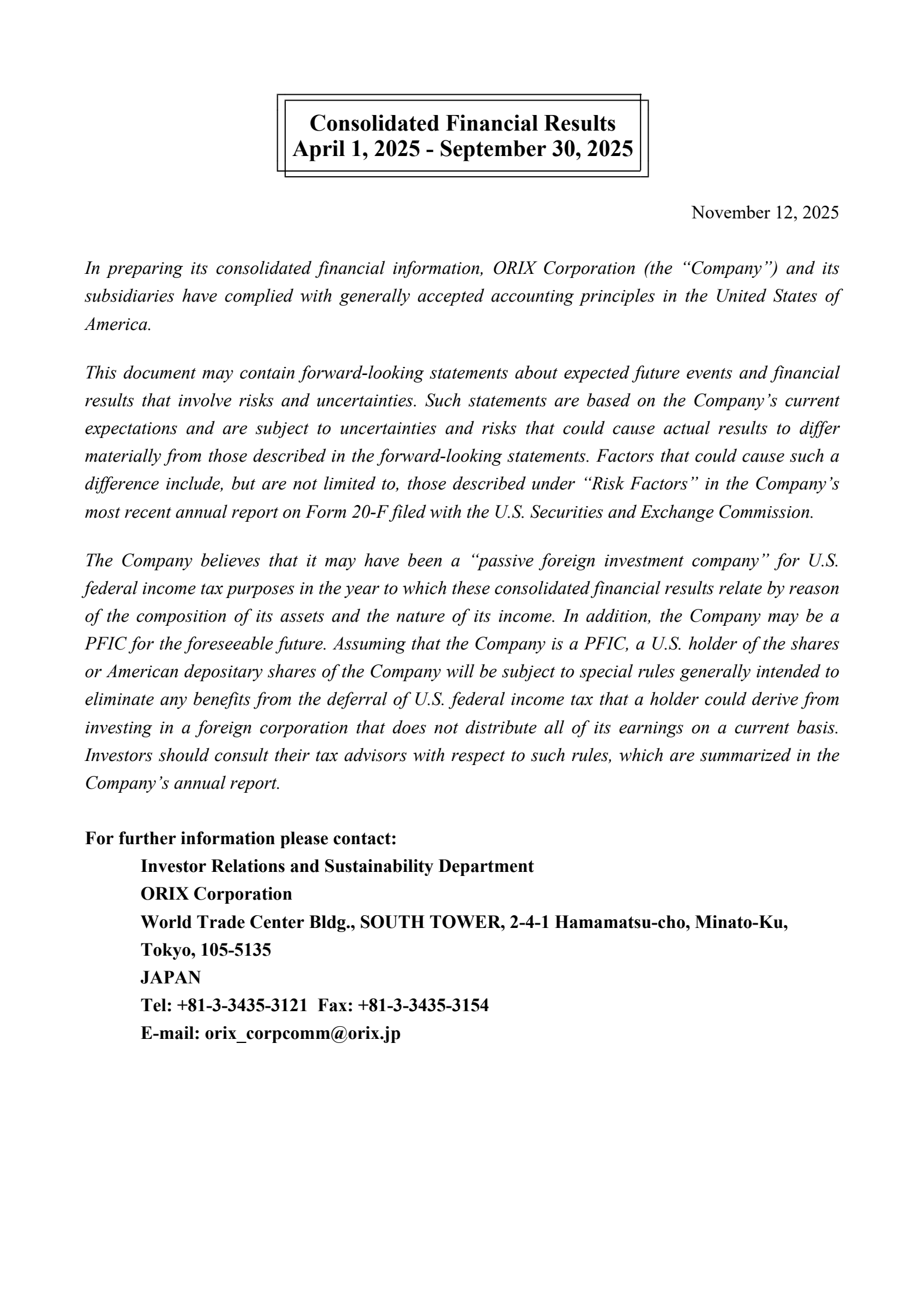 Orix Corp Ads' Q2 2026 Interim Report
