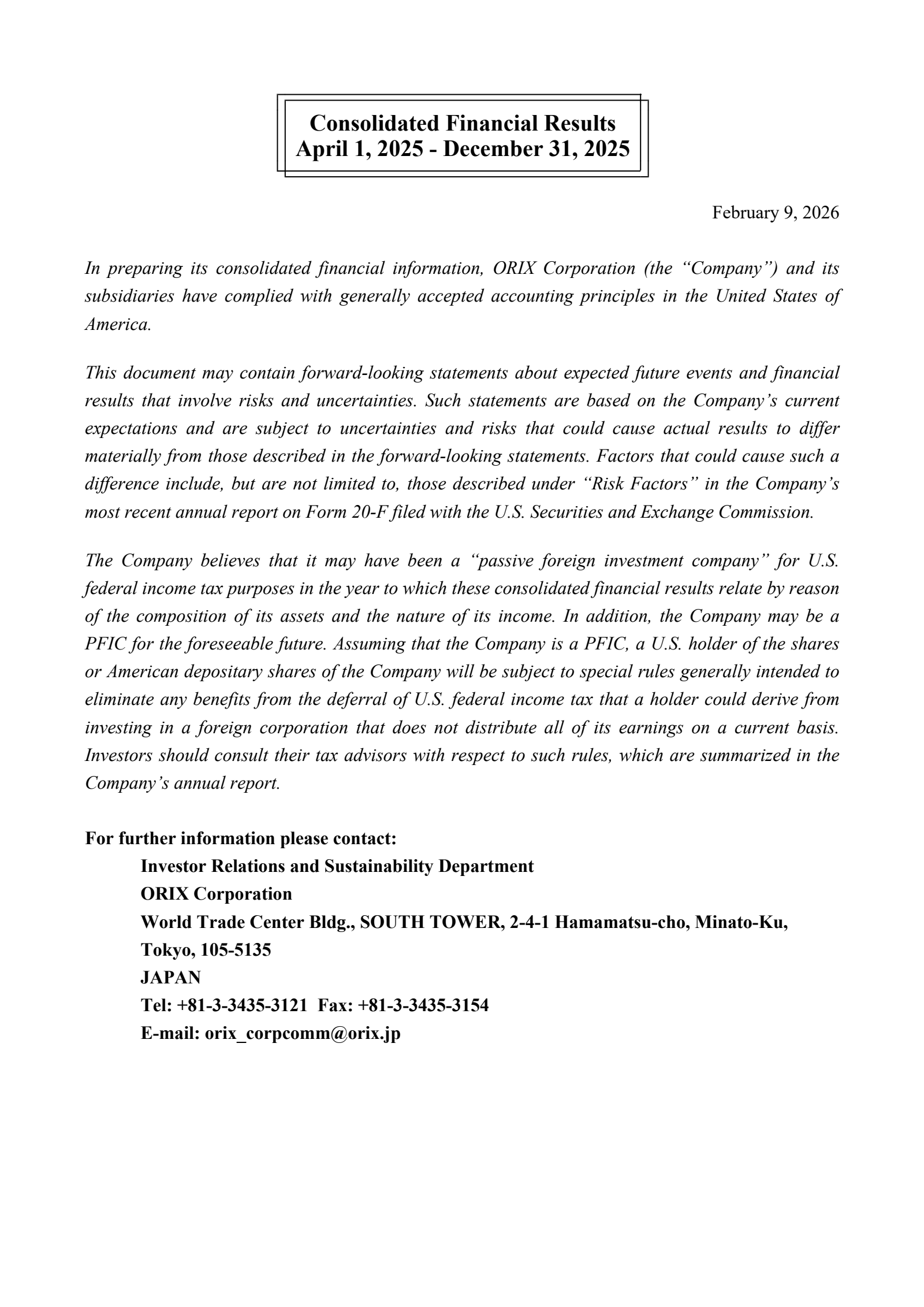 Orix Corp Ads' Q3 2026 Interim report