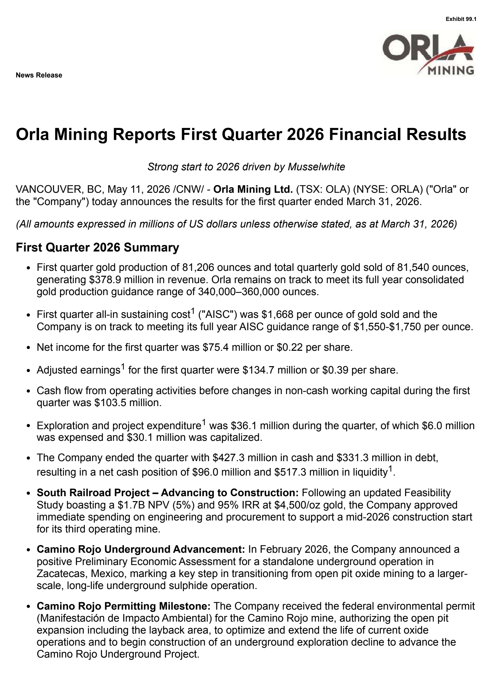 Orla Mining's Q1 2026 Press Release