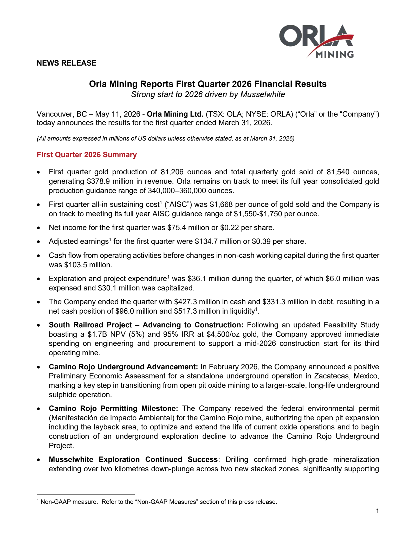 Orla Mining's Q1 2026 Press Release