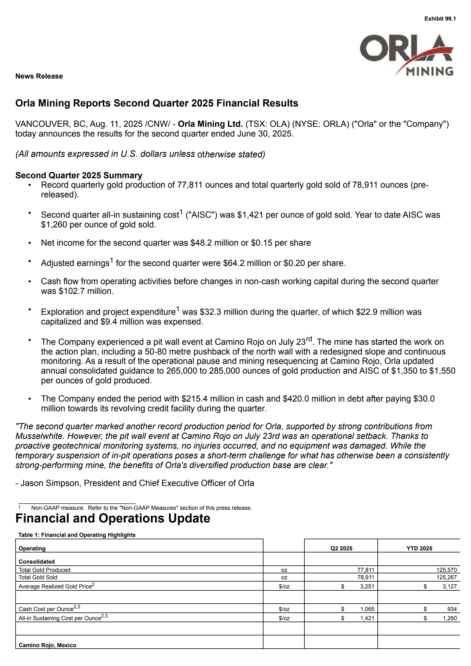 Orla Mining's Q2 2025 Press Release