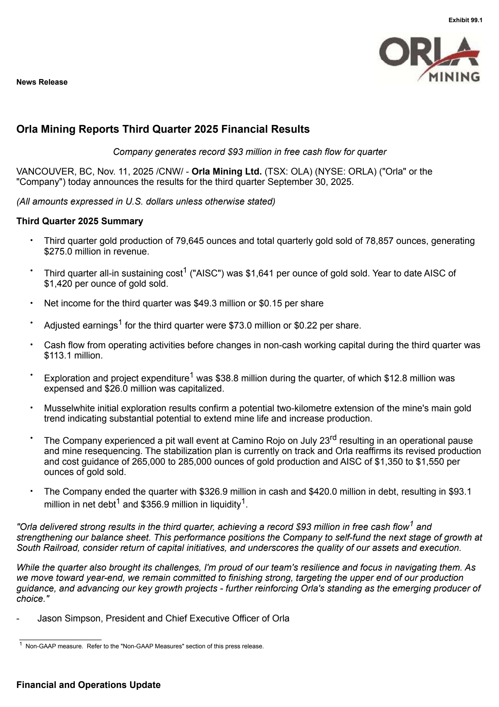 Orla Mining's Q3 2025 Press Release
