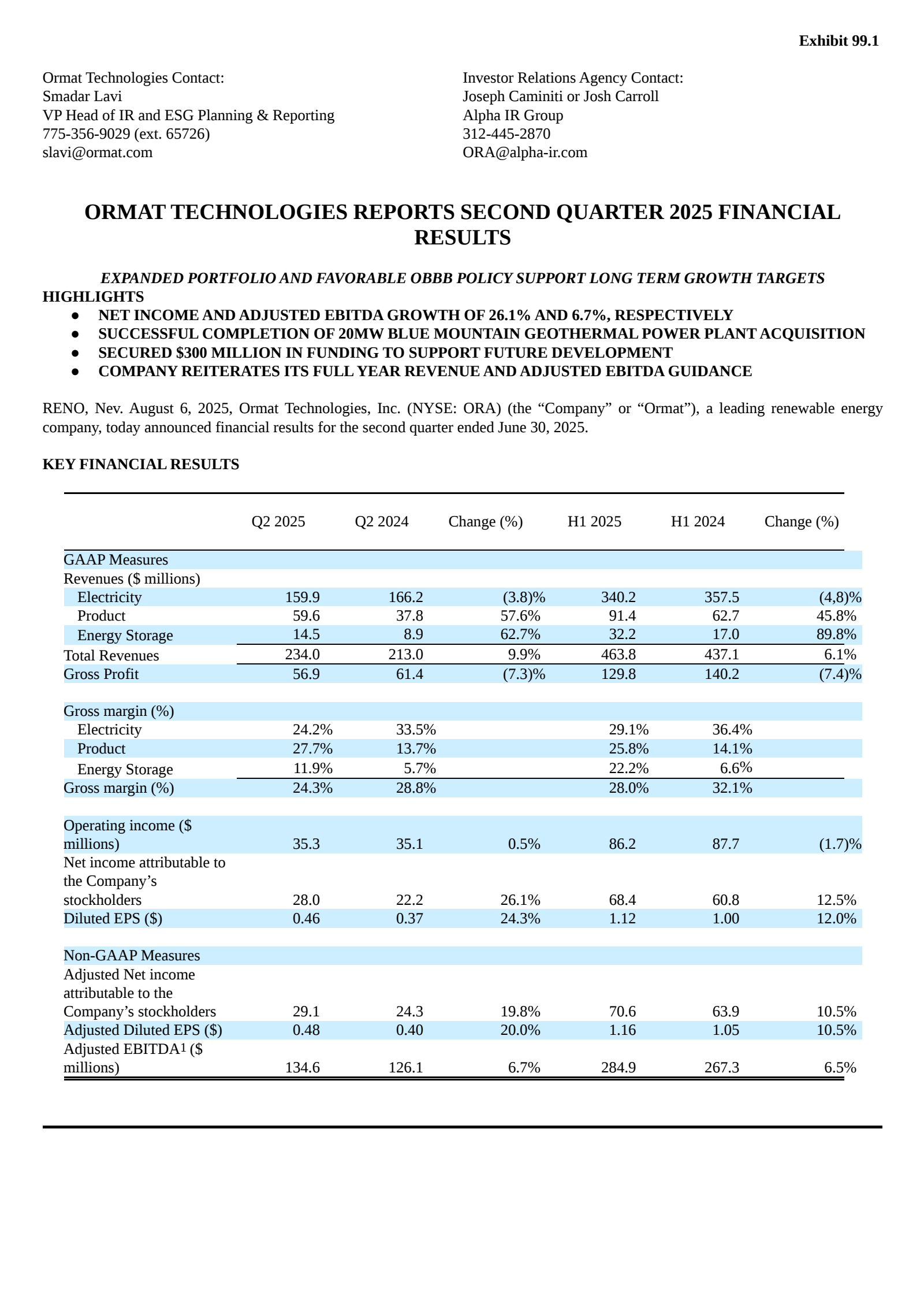 Ormat Technologies' Q2 2025 Press Release