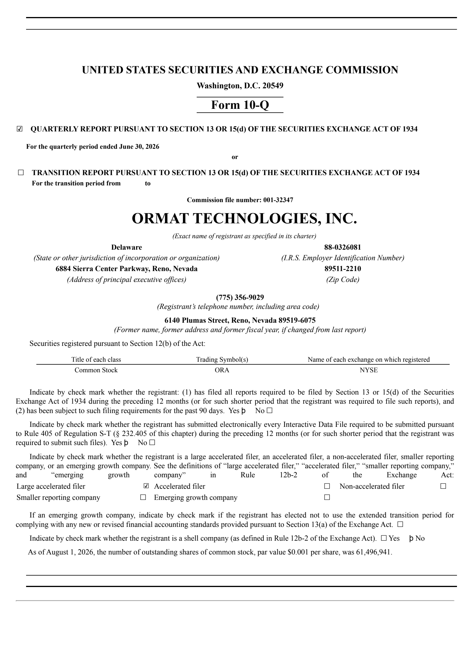 Ormat Technologies' Q2 2026 Quarterly report