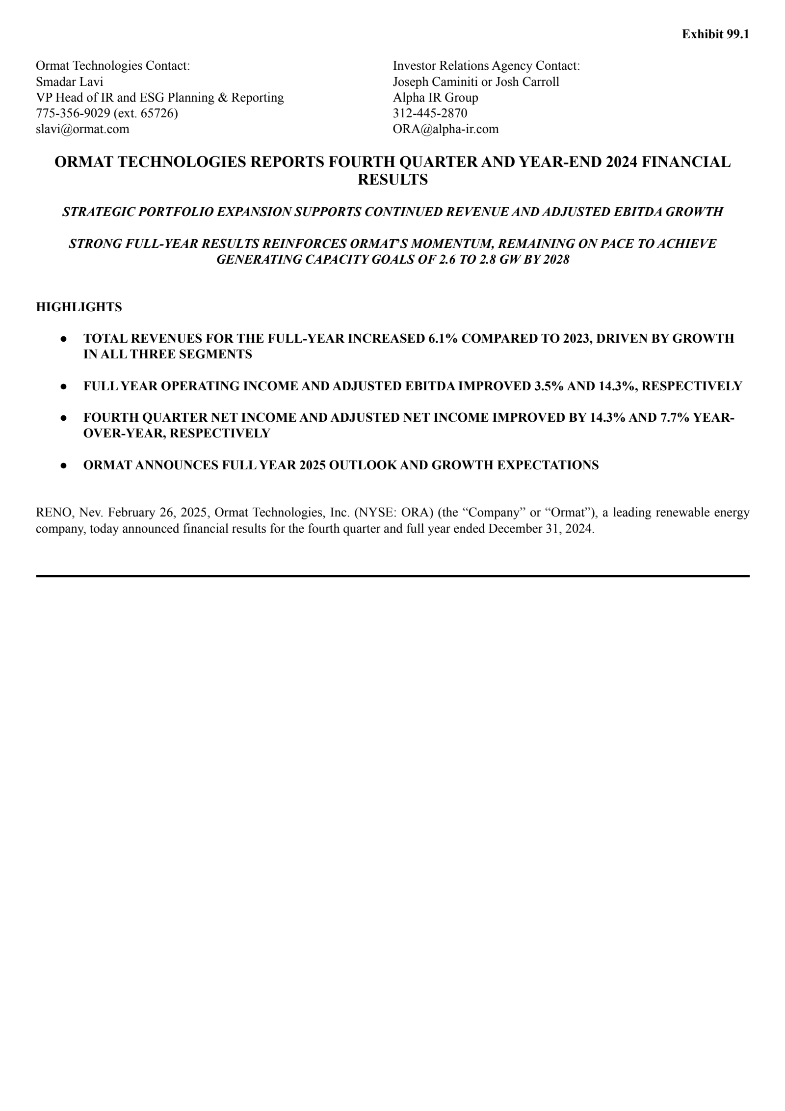 Ormat Technologies' Q4 2024 Press Release