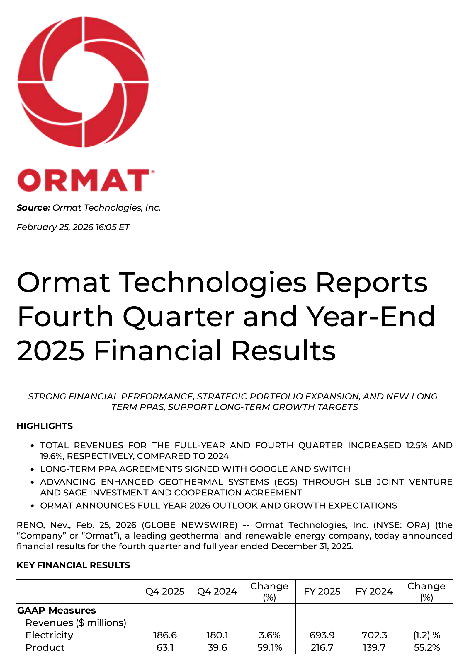 Ormat Technologies' Q4 2025 Press Release