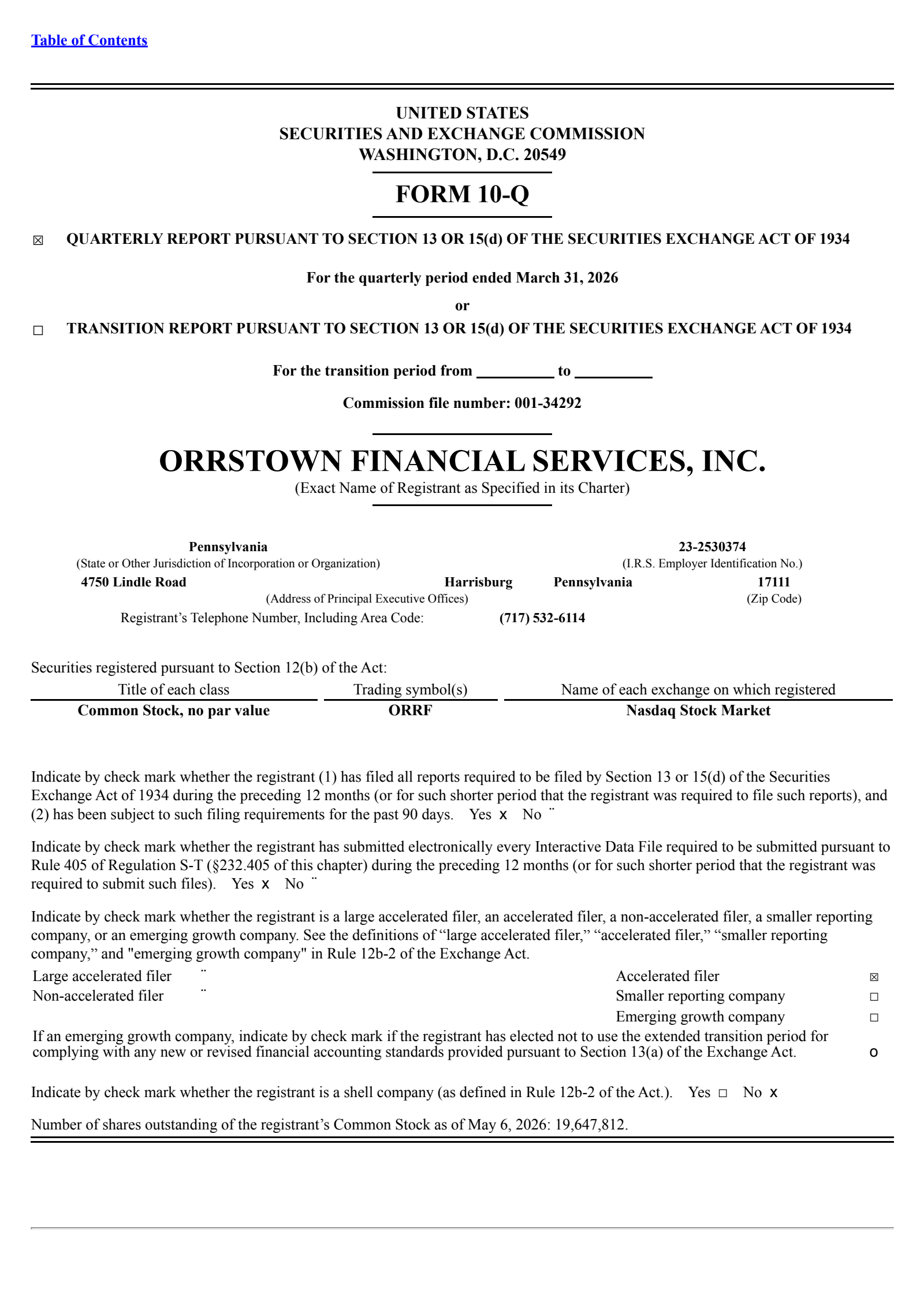 Orrstown Financial Services' Q1 2026 Quarterly report