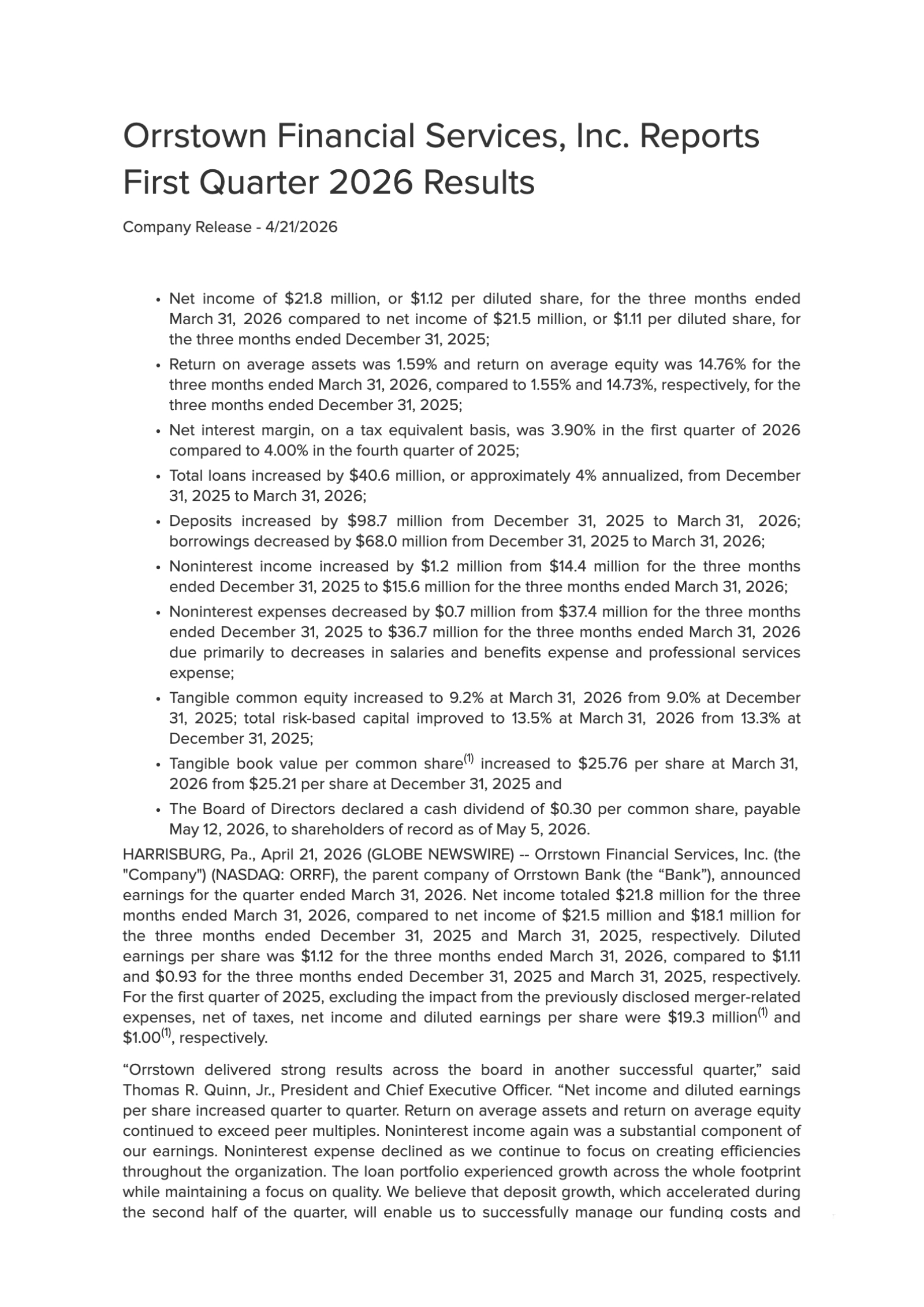 Orrstown Financial Services' Q1 2026 Press Release