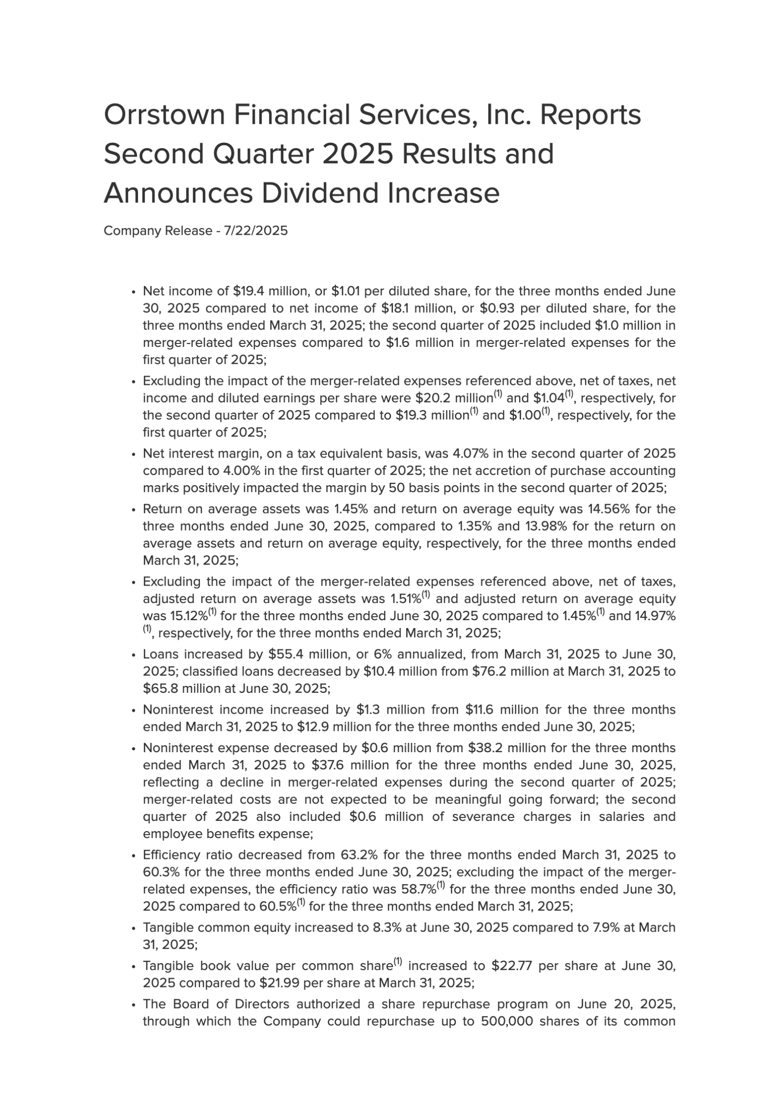 Orrstown Financial Services' Q2 2025 Press Release