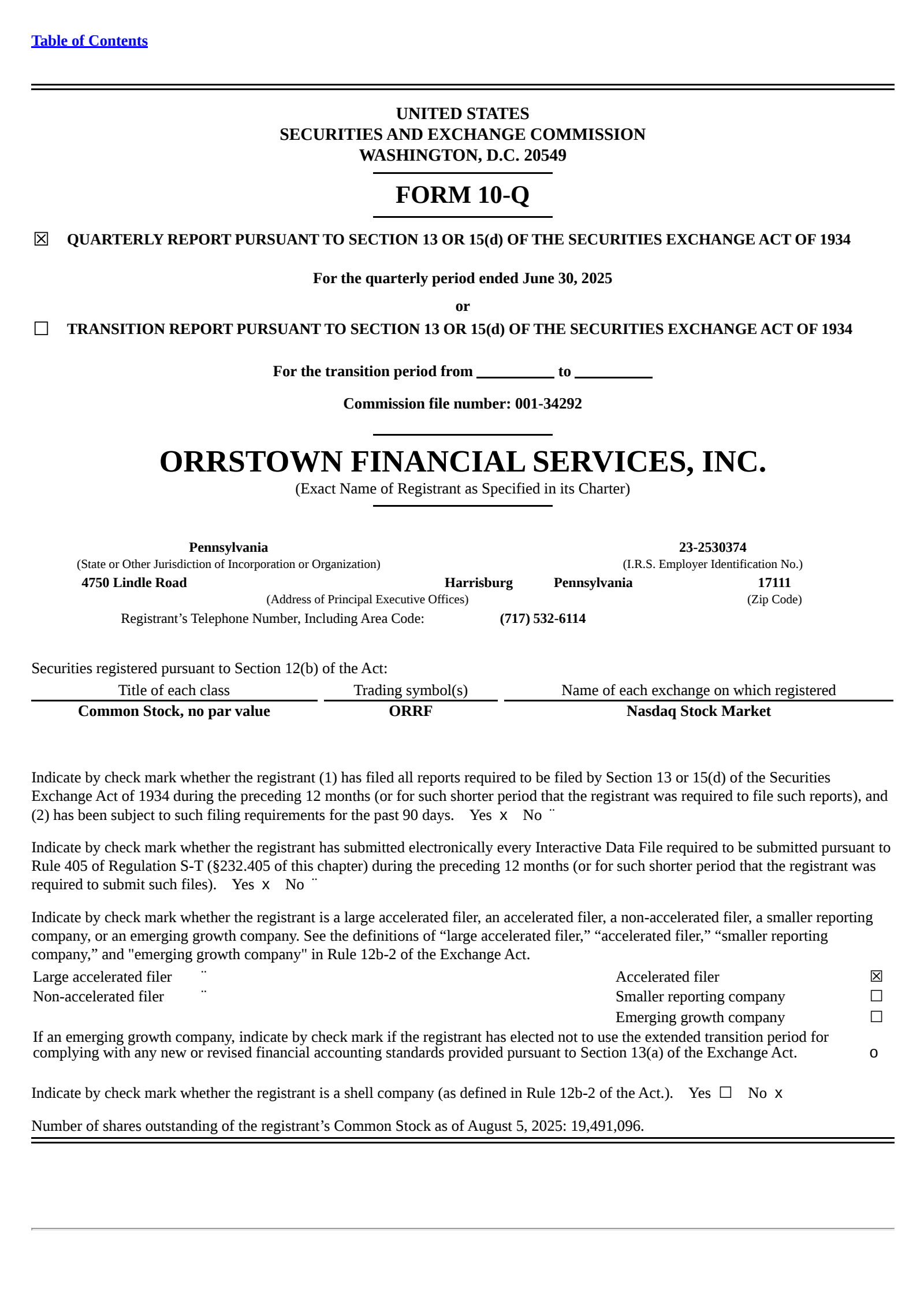 Orrstown Financial Services' Q2 2025 Quarterly report