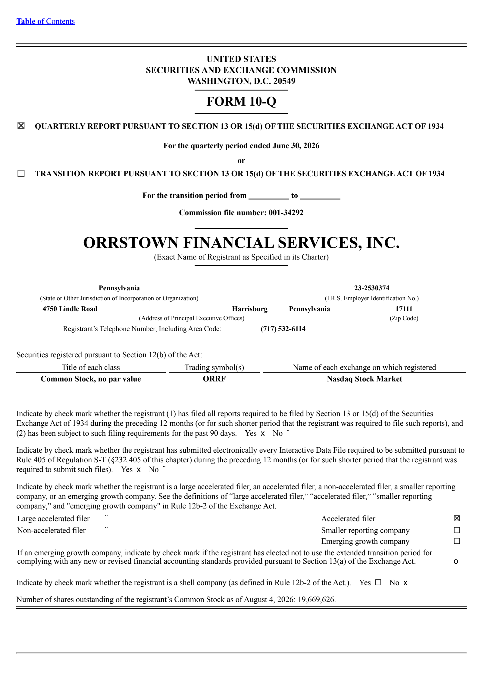 Orrstown Financial Services' Q2 2026 Quarterly report