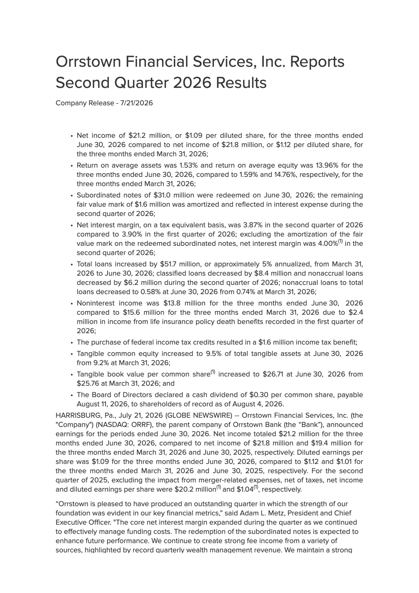 Orrstown Financial Services' Q2 2026 Press Release