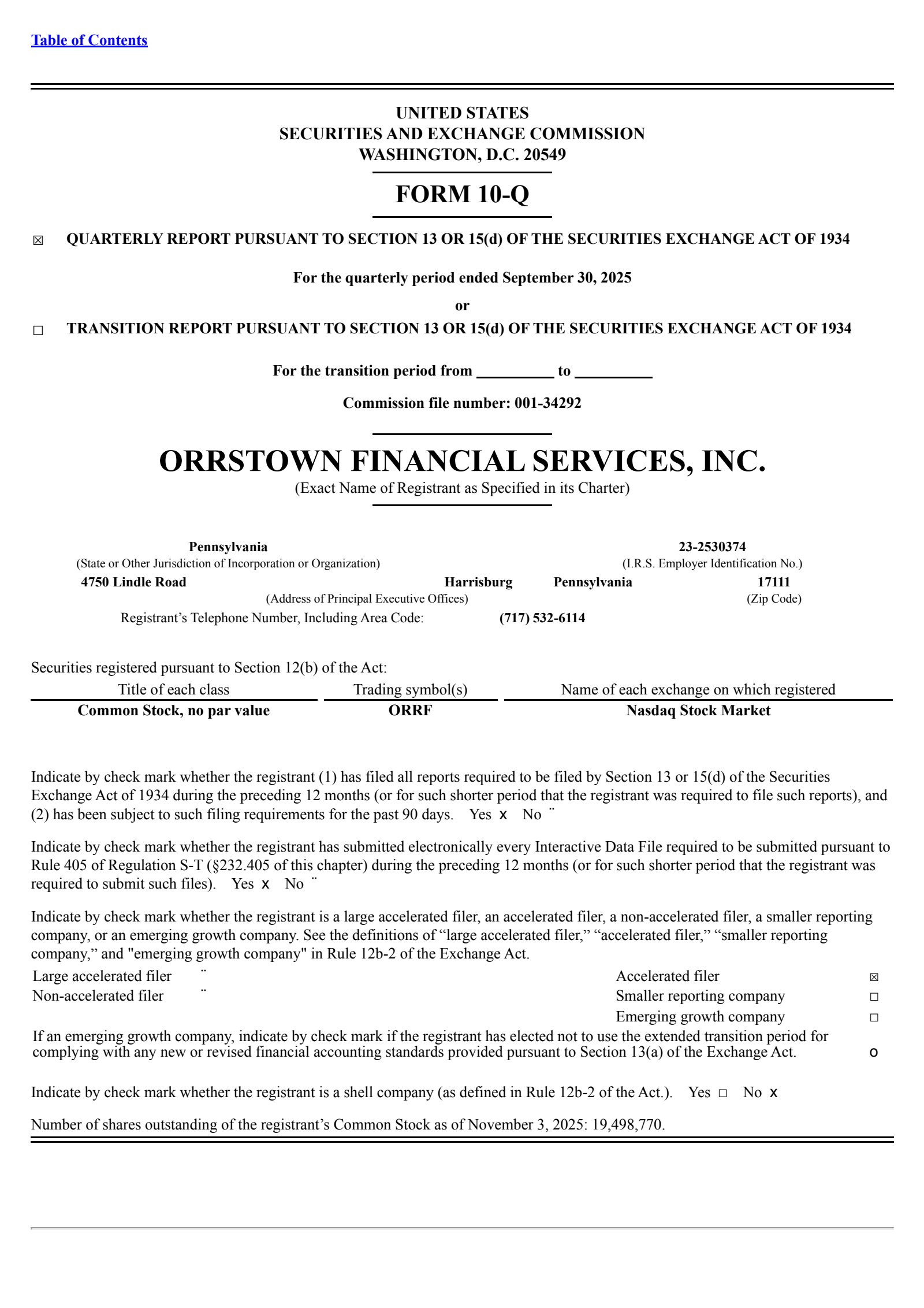 Orrstown Financial Services' Q3 2025 Quarterly Report