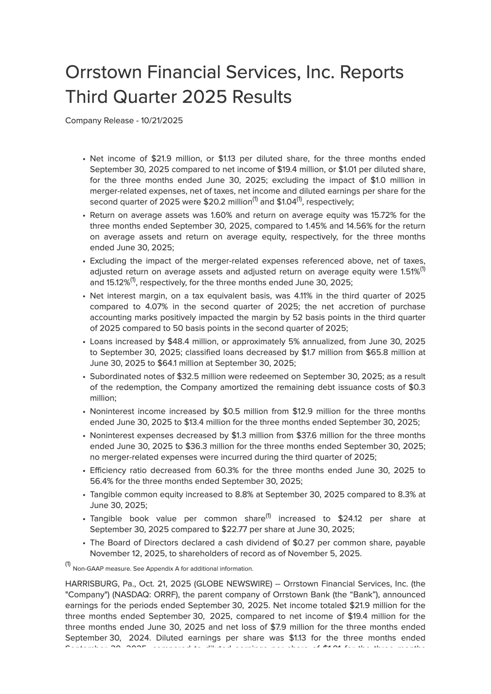 Orrstown Financial Services' Q3 2025 Earnings Release