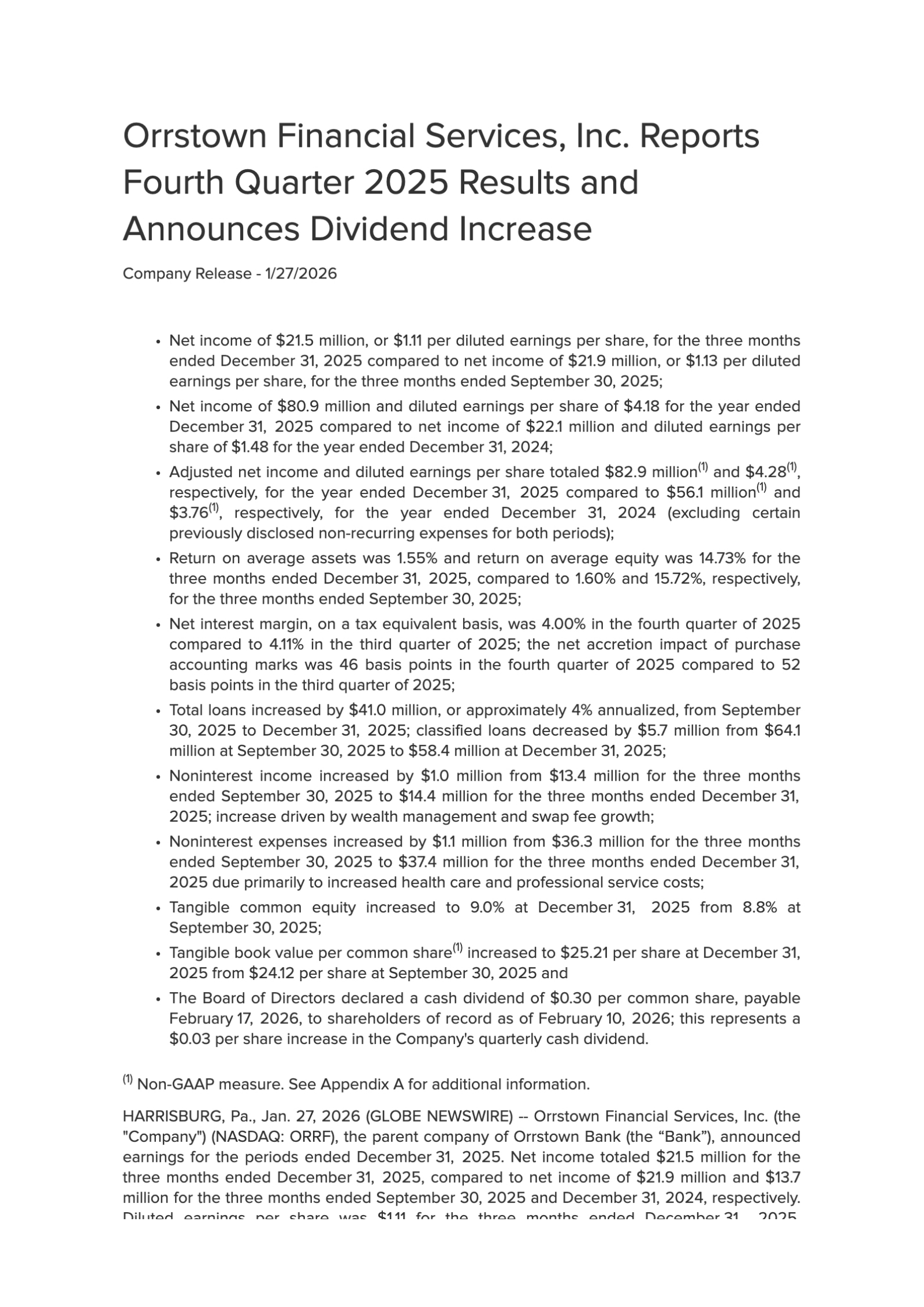 Orrstown Financial Services' Q4 2025 Press Release