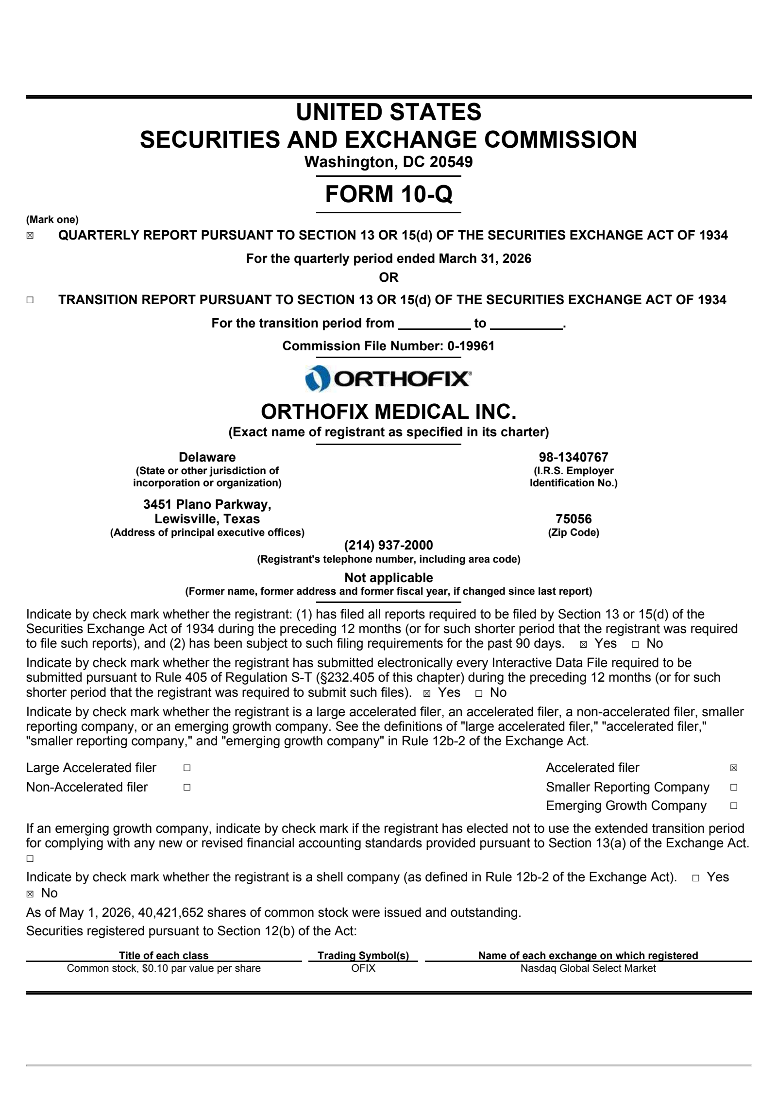 Orthofix Medical's Q1 2026 Quarterly report