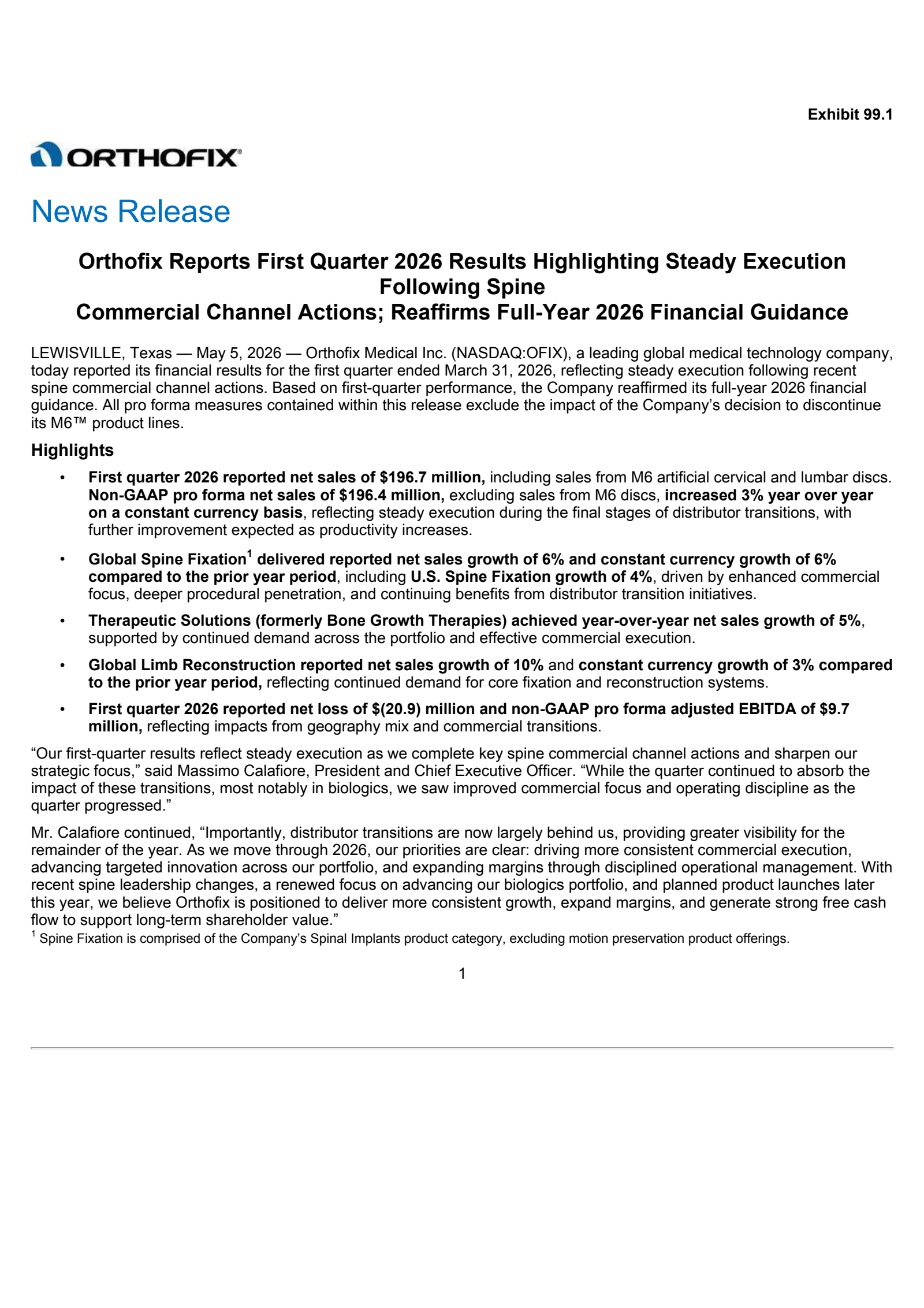 Orthofix Medical's Q1 2026 Press Release