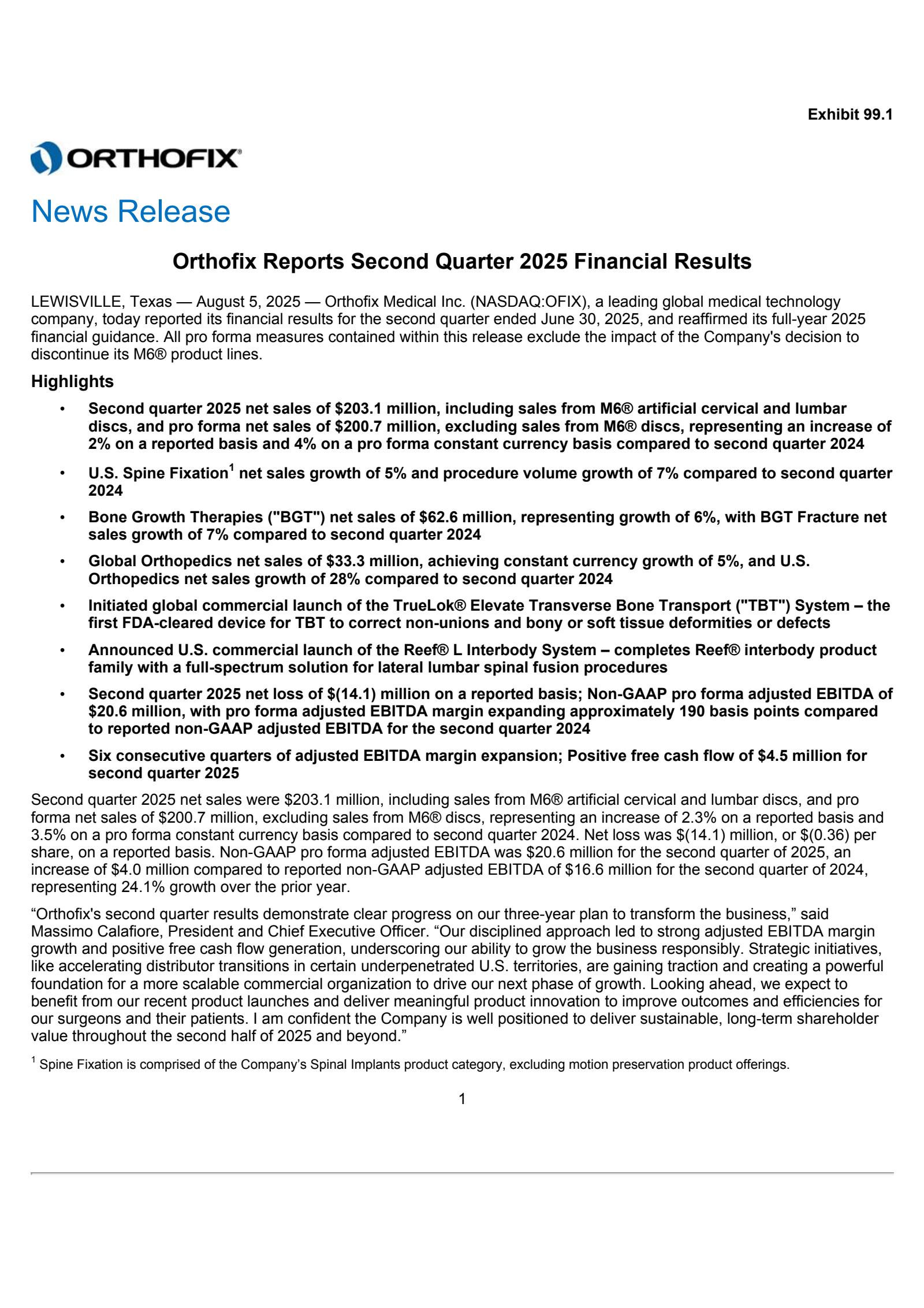 Orthofix Medical's Q2 2025 Press Release