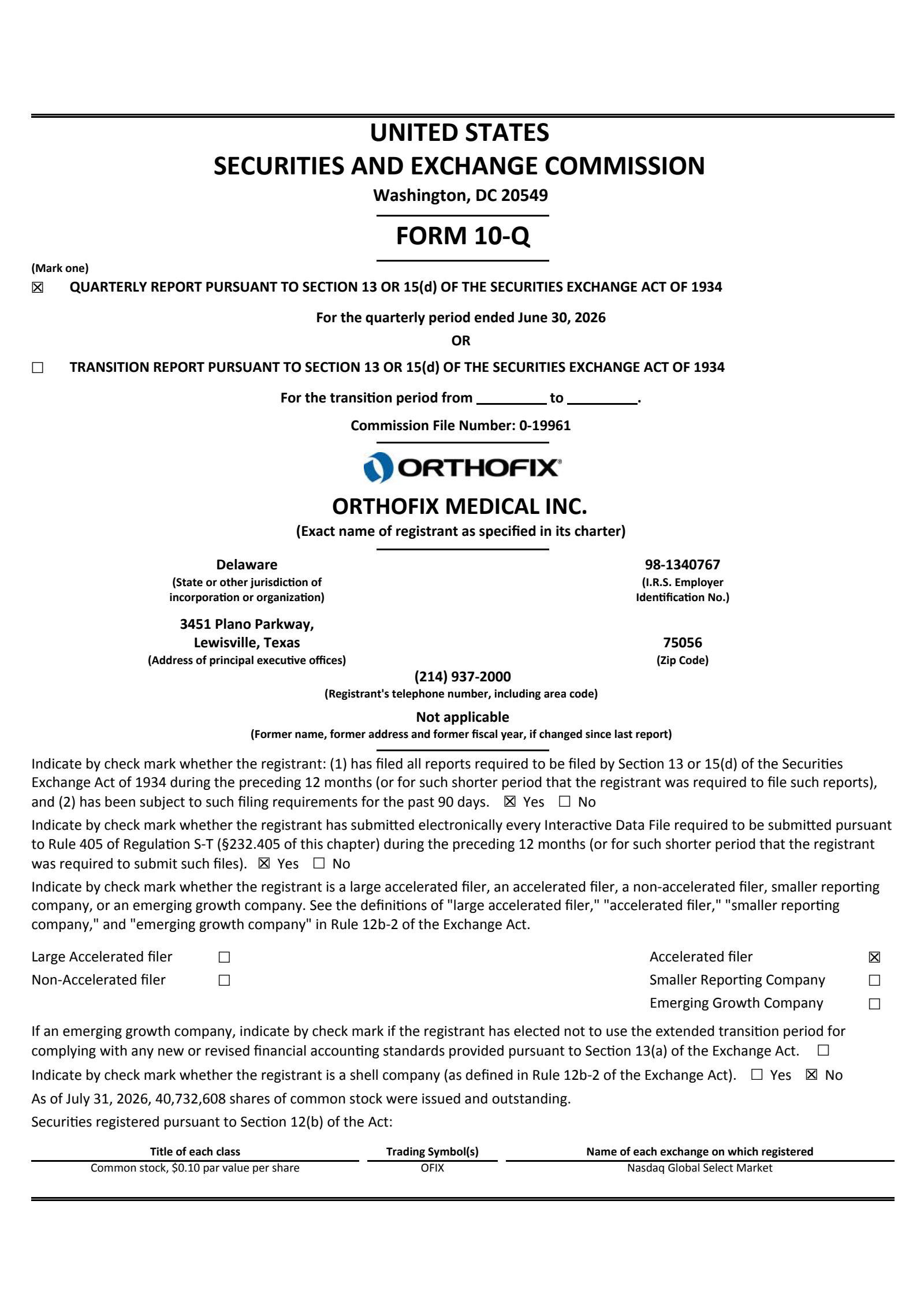 Orthofix Medical's Q2 2026 Quarterly report