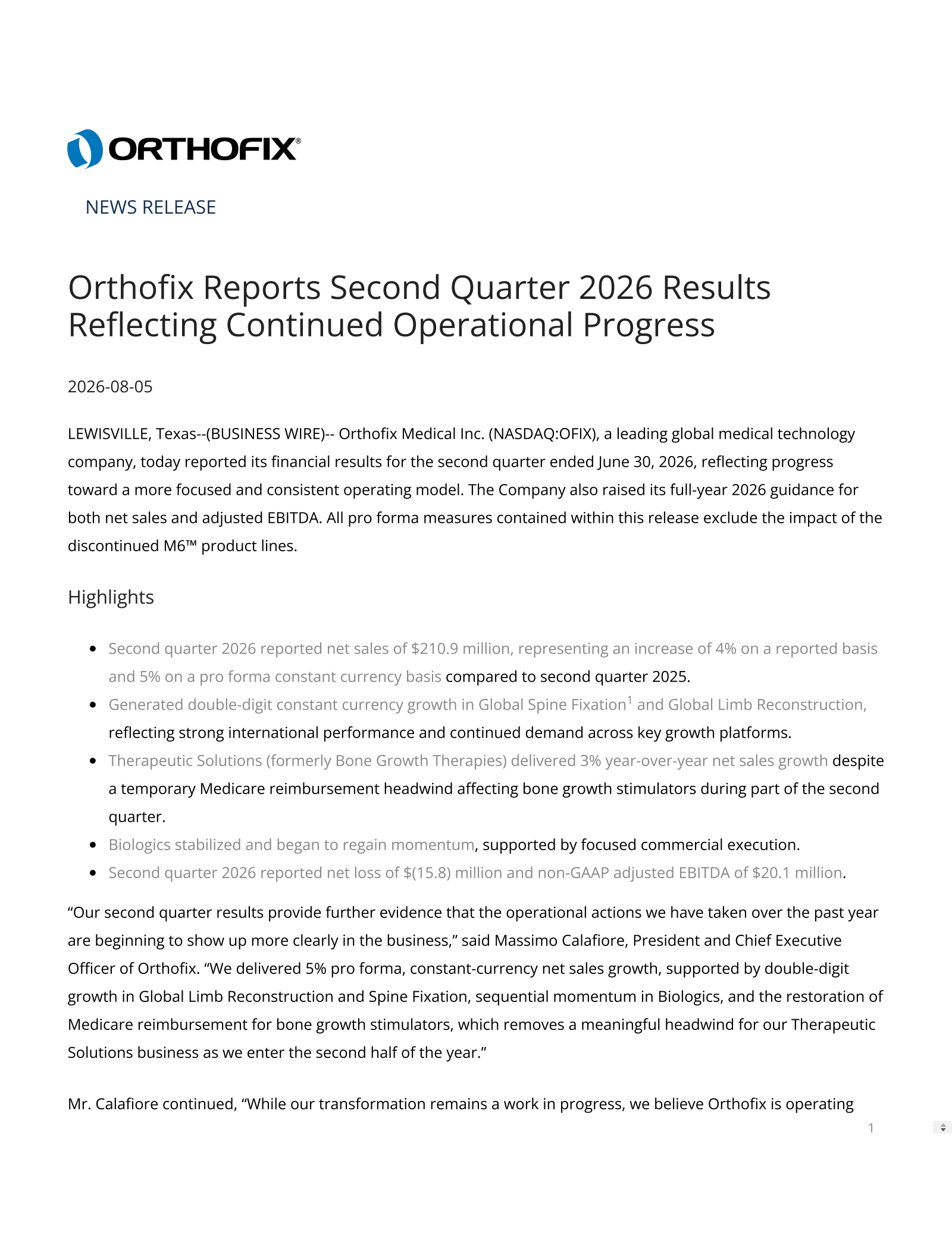 Orthofix Medical's Q2 2026 Press Release
