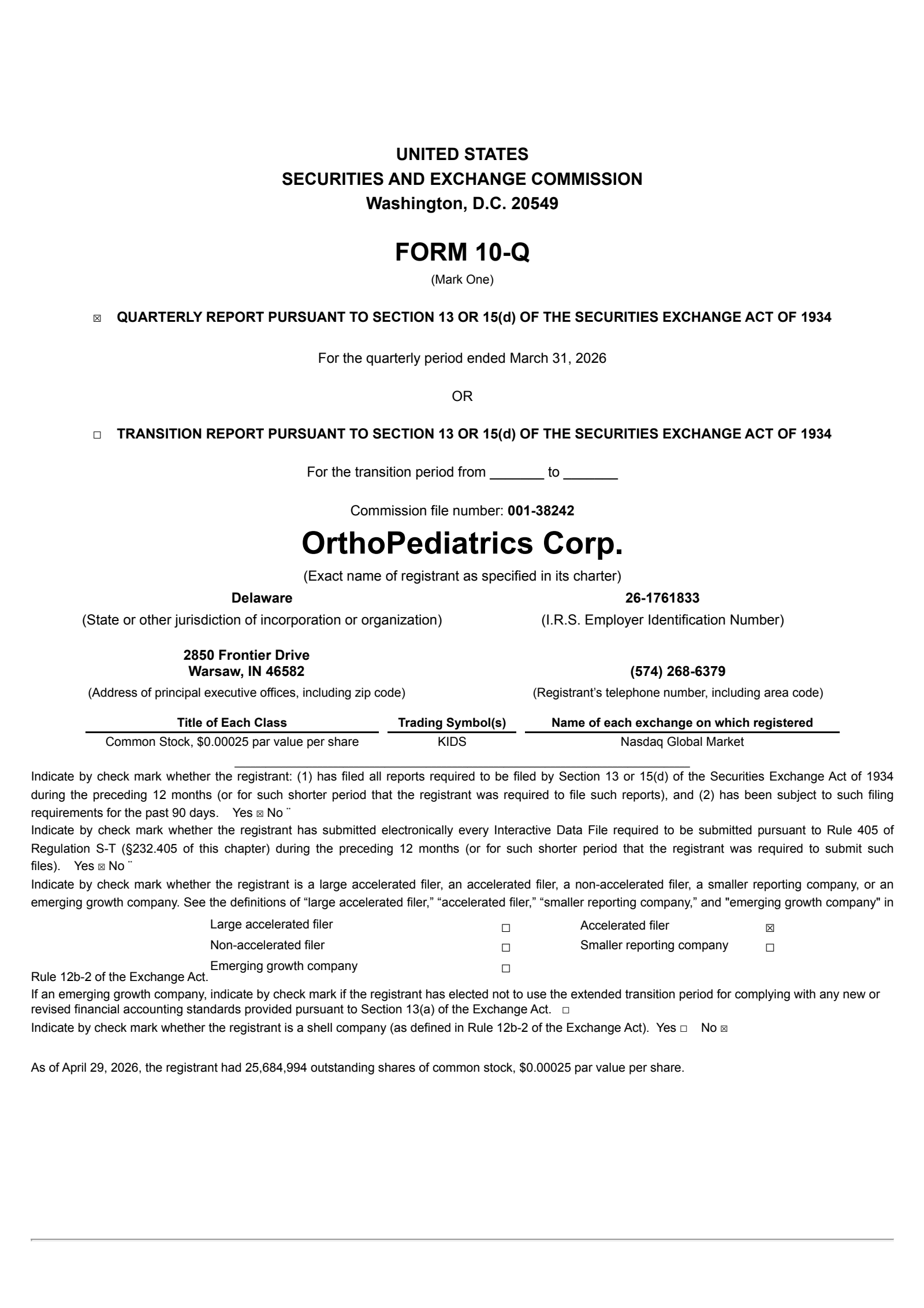 OrthoPediatrics' Q1 2026 Quarterly report