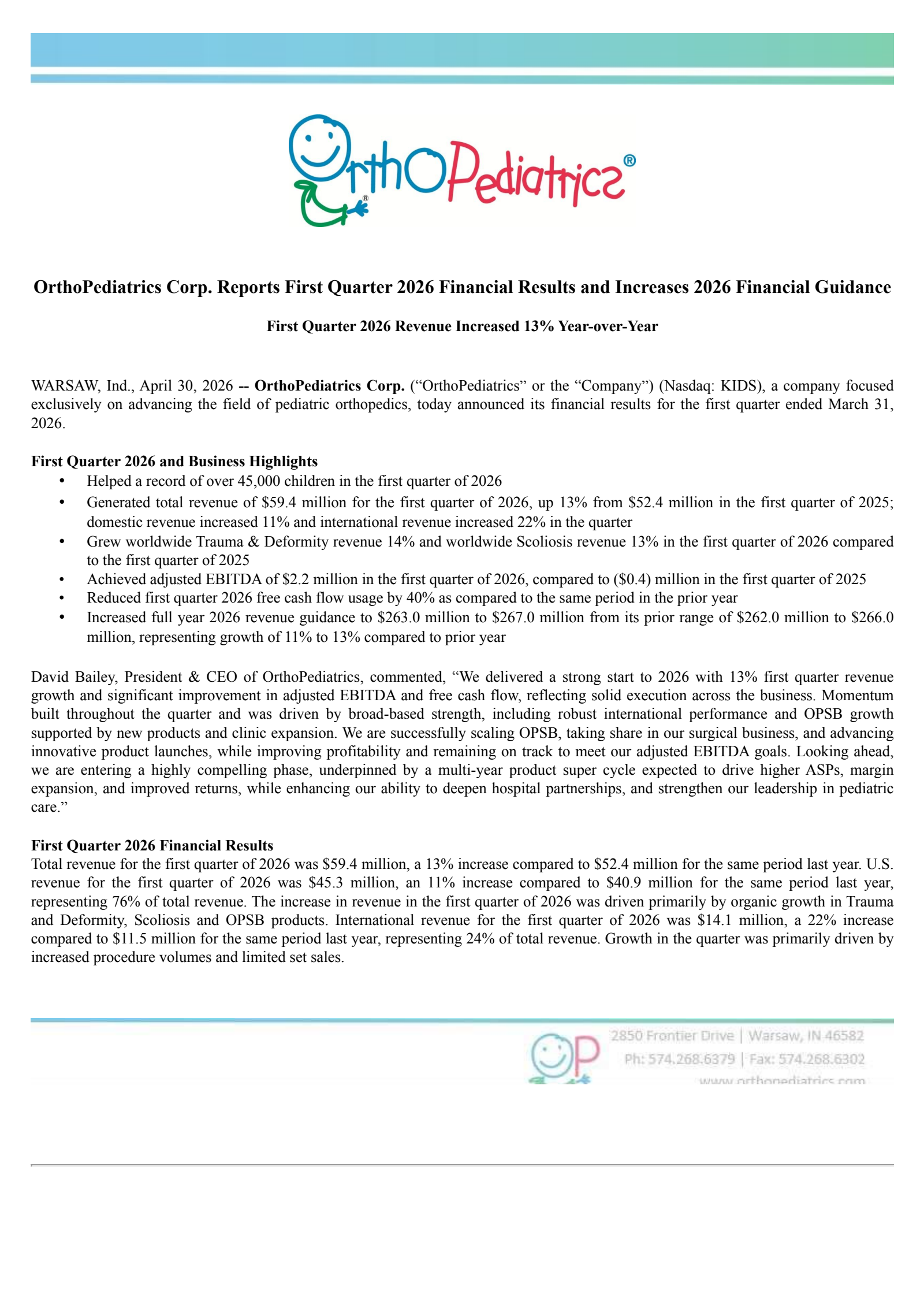 OrthoPediatrics' Q1 2026 Press Release
