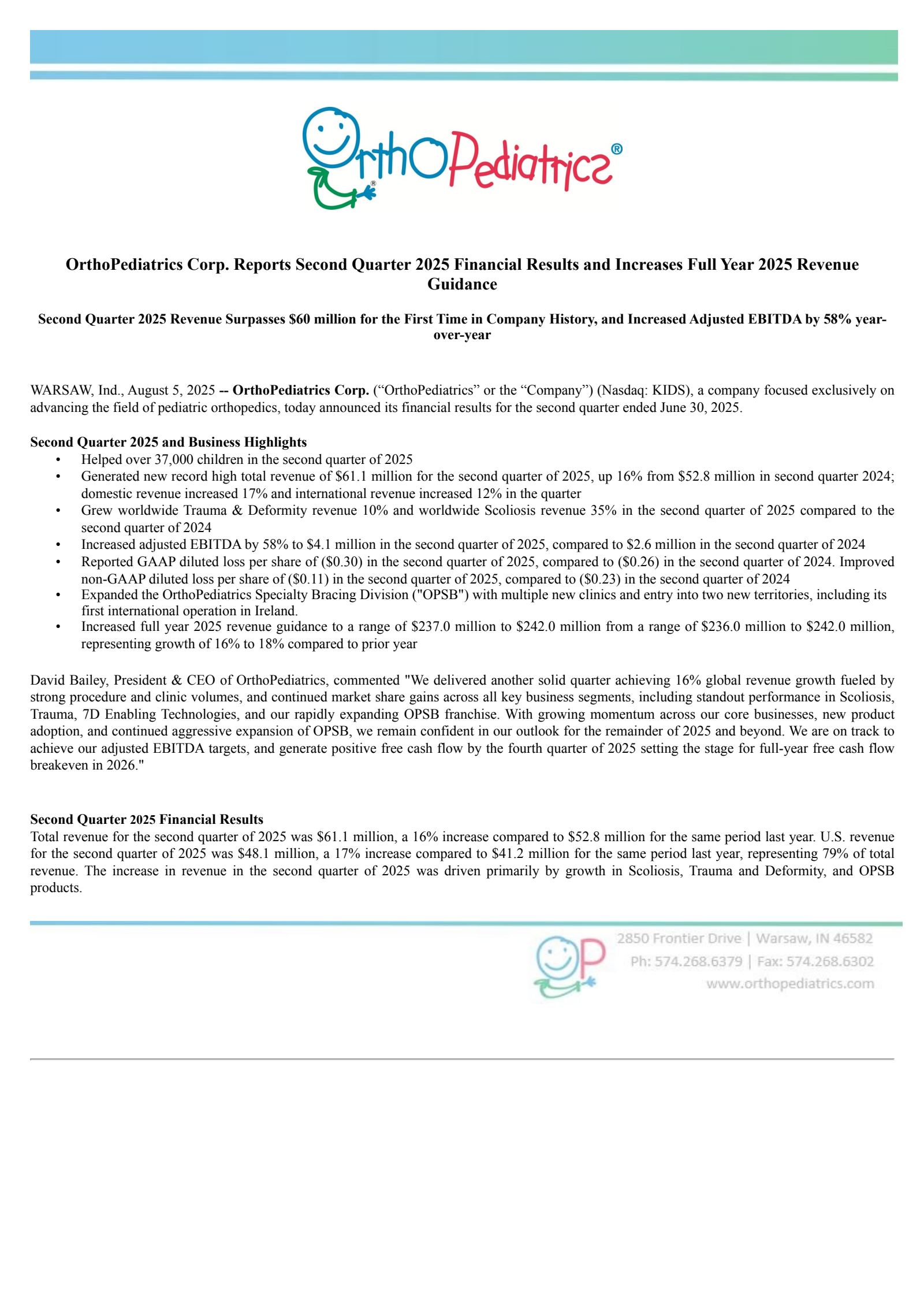 OrthoPediatrics' Q2 2025 Press Release