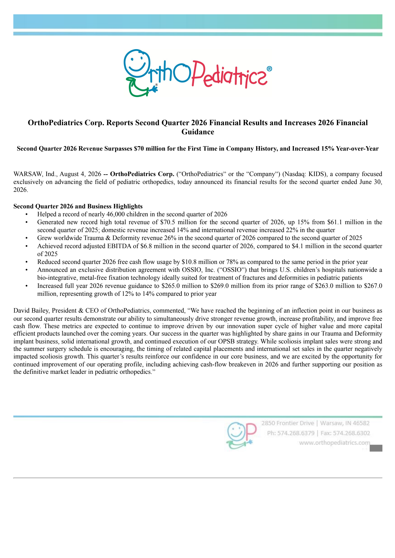 OrthoPediatrics' Q2 2026 Press Release