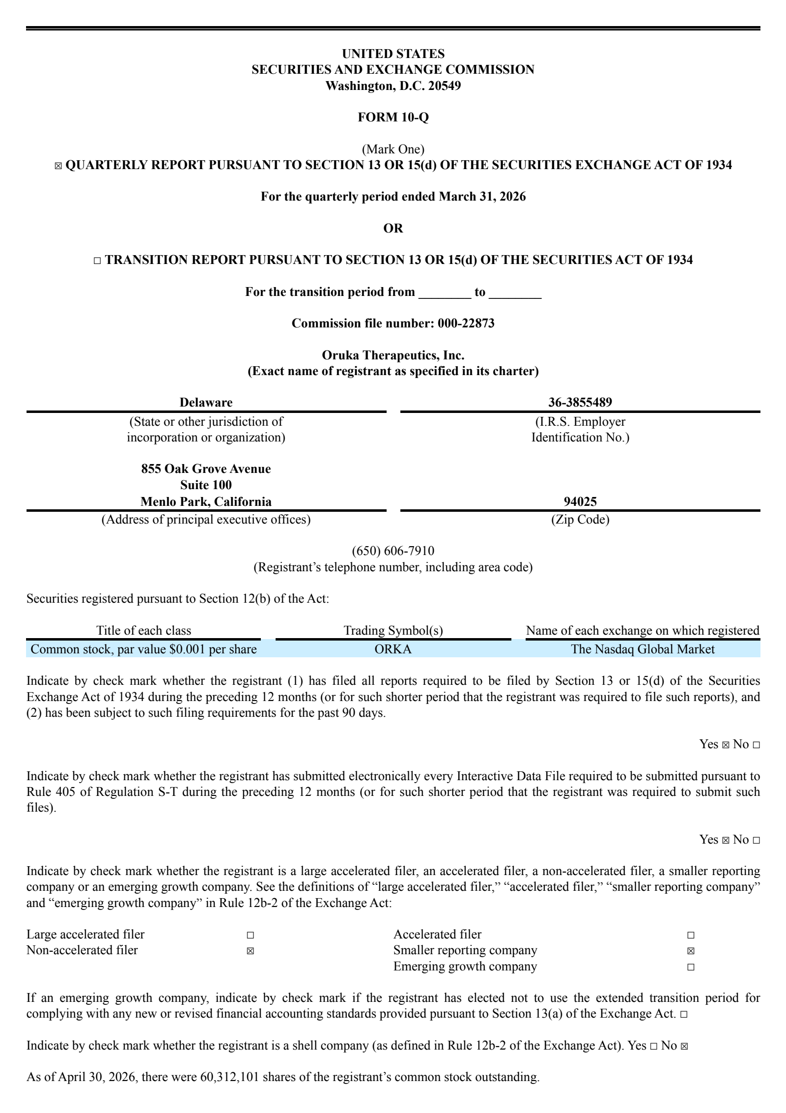 Oruka Therapeutics' Q1 2026 Quarterly report